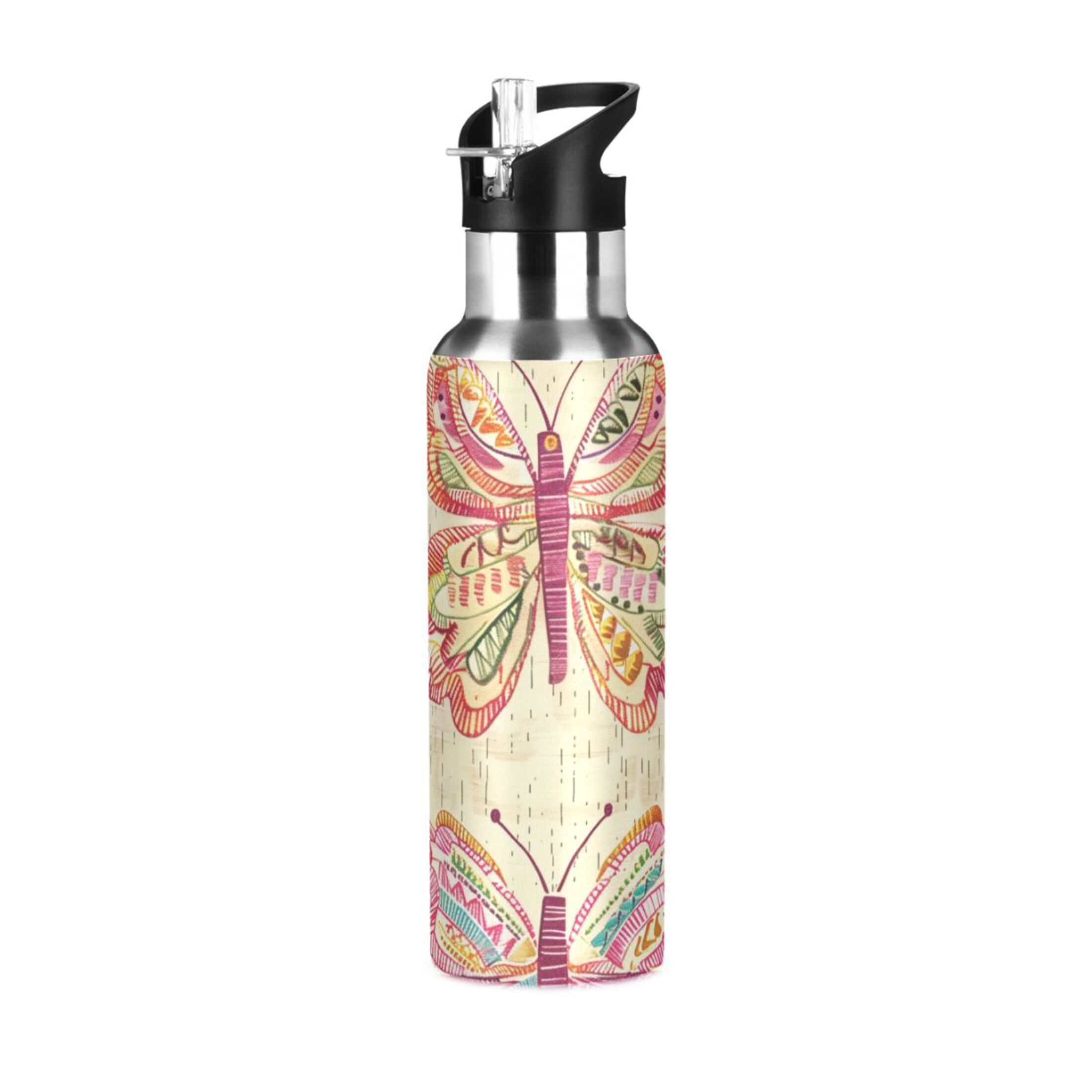 Butterfly Retro Style Water Bottles Insulated Thermos Kids Stainless Steel Bottle with Straw Lid Flask Leakproof for Sports Gym 20 oz