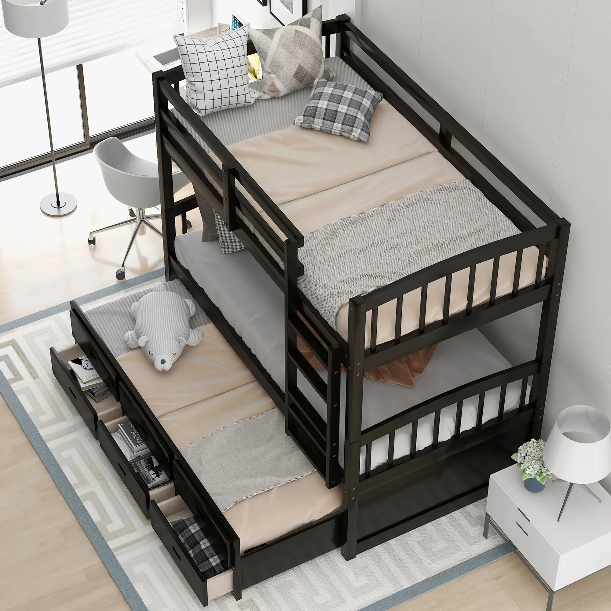 Leadzm Twin over Twin Wood Bunk Bed with Trundle and Drawers, Espresso