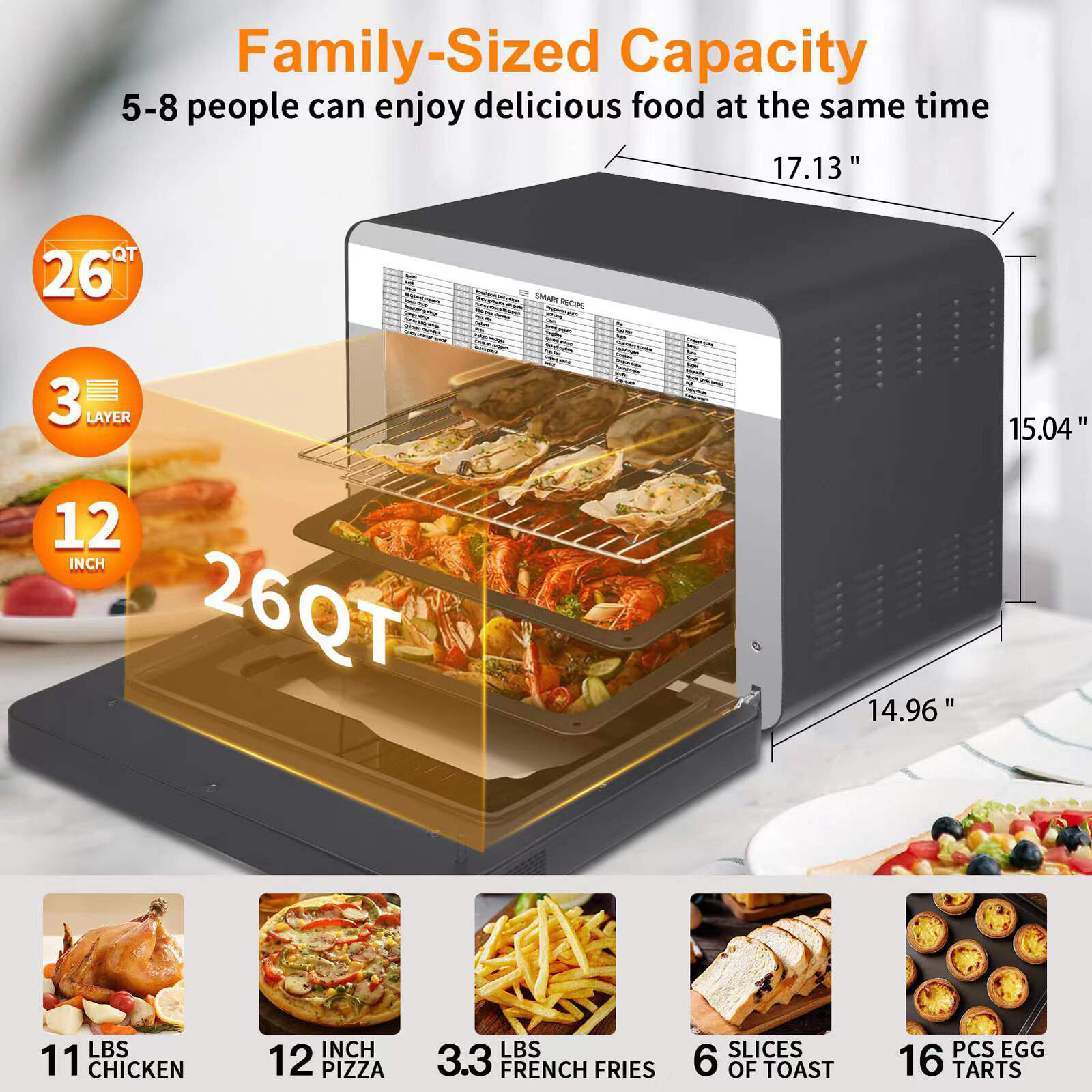 CoSoTower Air Fryer Toaster Oven, Multi Functional Steam Air Fryer Oven with 6 accessories 50 preset menus Black Stainless Steel 26 QT Large capacity 3-layer design, Black