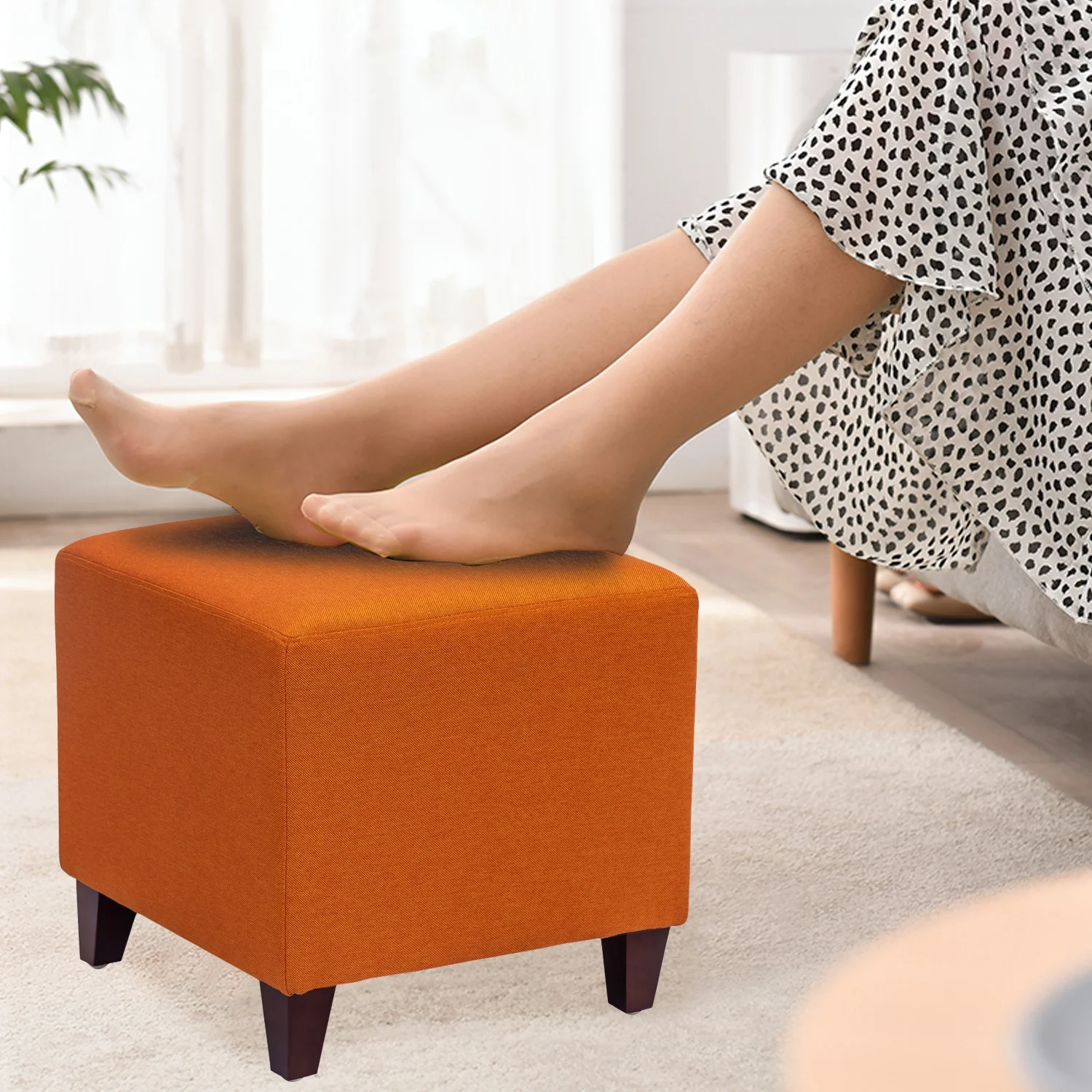Homebeez Fabric Ottoman Square Footstool Padded Footrest Seat Sofa Footrest Extra Seating Orange