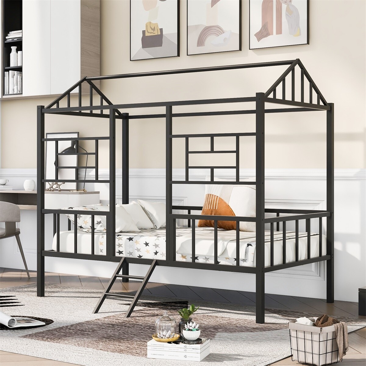 MERAX  Metal House Bed Frame with Slatted Support Black Twin