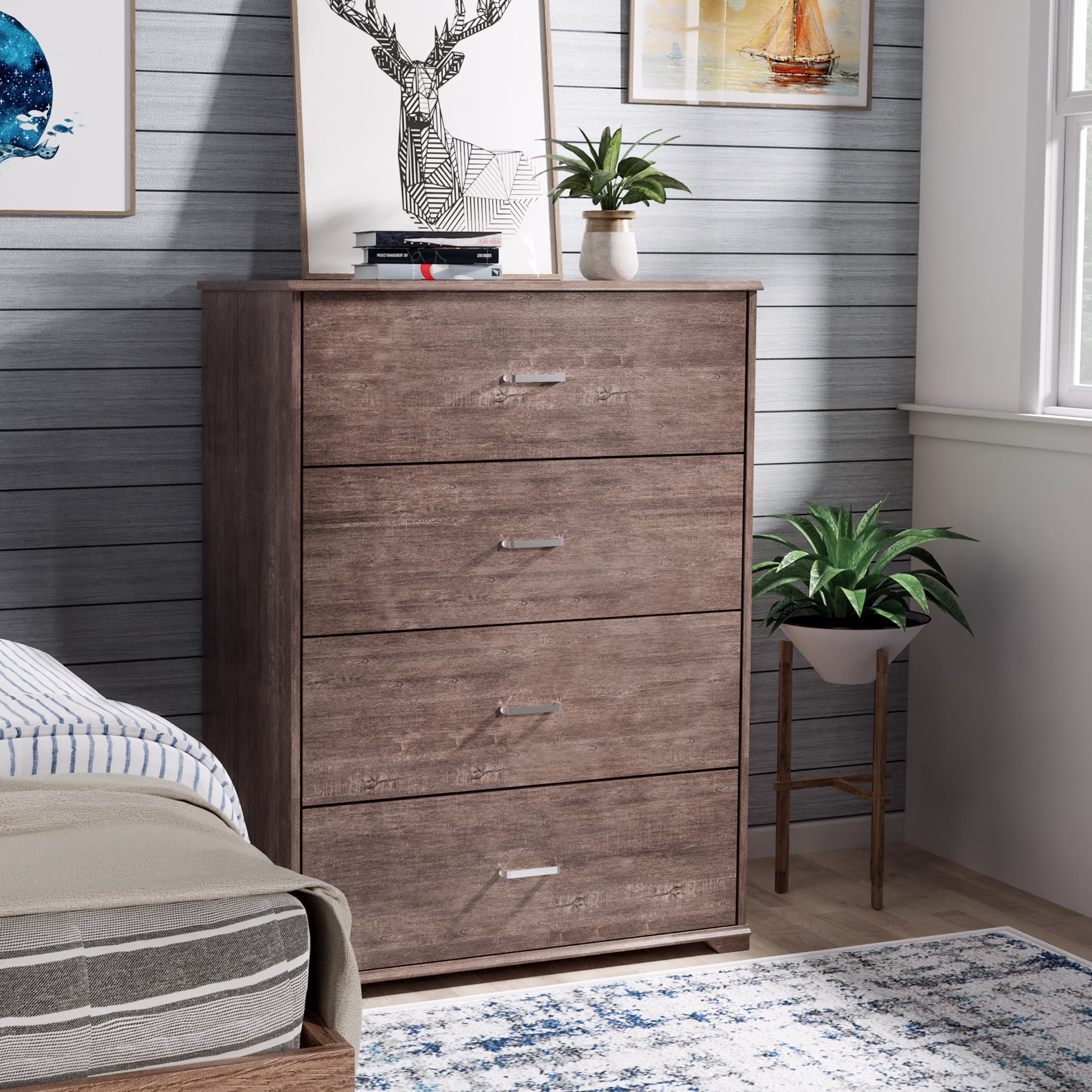 Denhour DH BASIC Contemporary 4-Drawer Chest with Bar Pulls by  Walnut Walnut Finish