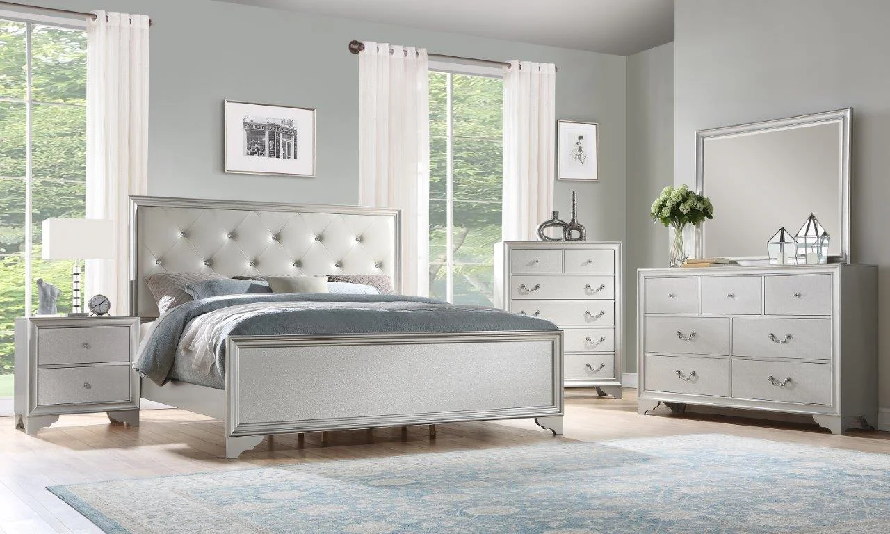 Contemporary Silver King Panel Bedroom Set 6Pc w/Leather Headboard McFerran B506