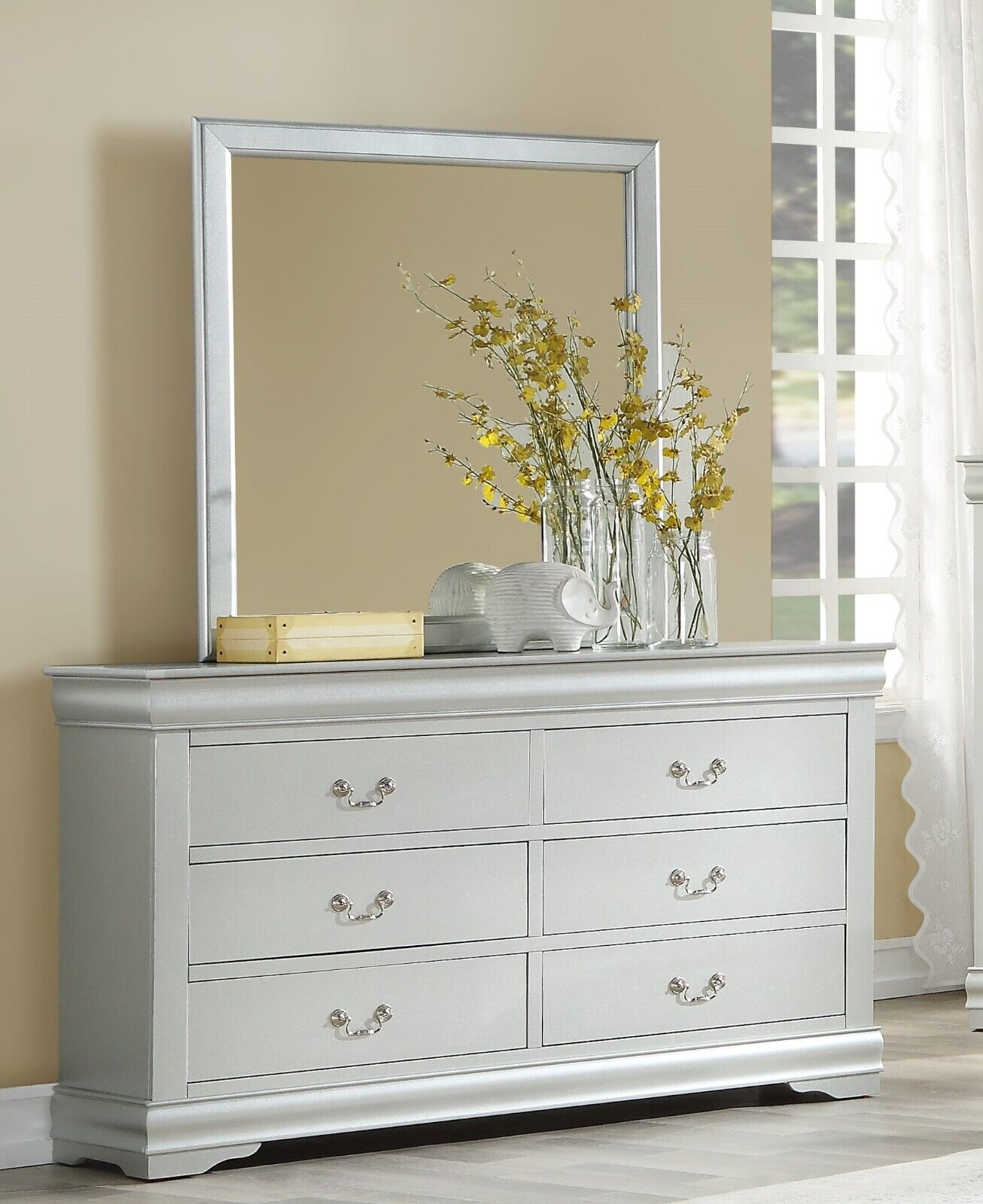 Louis Phillippe Style Transitional Bedroom 5pc Set Queen Bed Dresser Chest Nightstand Mirror Platinum Finish Furniture