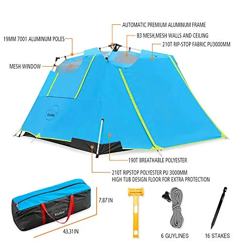 KAZOO Family Camping Tent Large Waterproof Pop Up Tents 4 Person