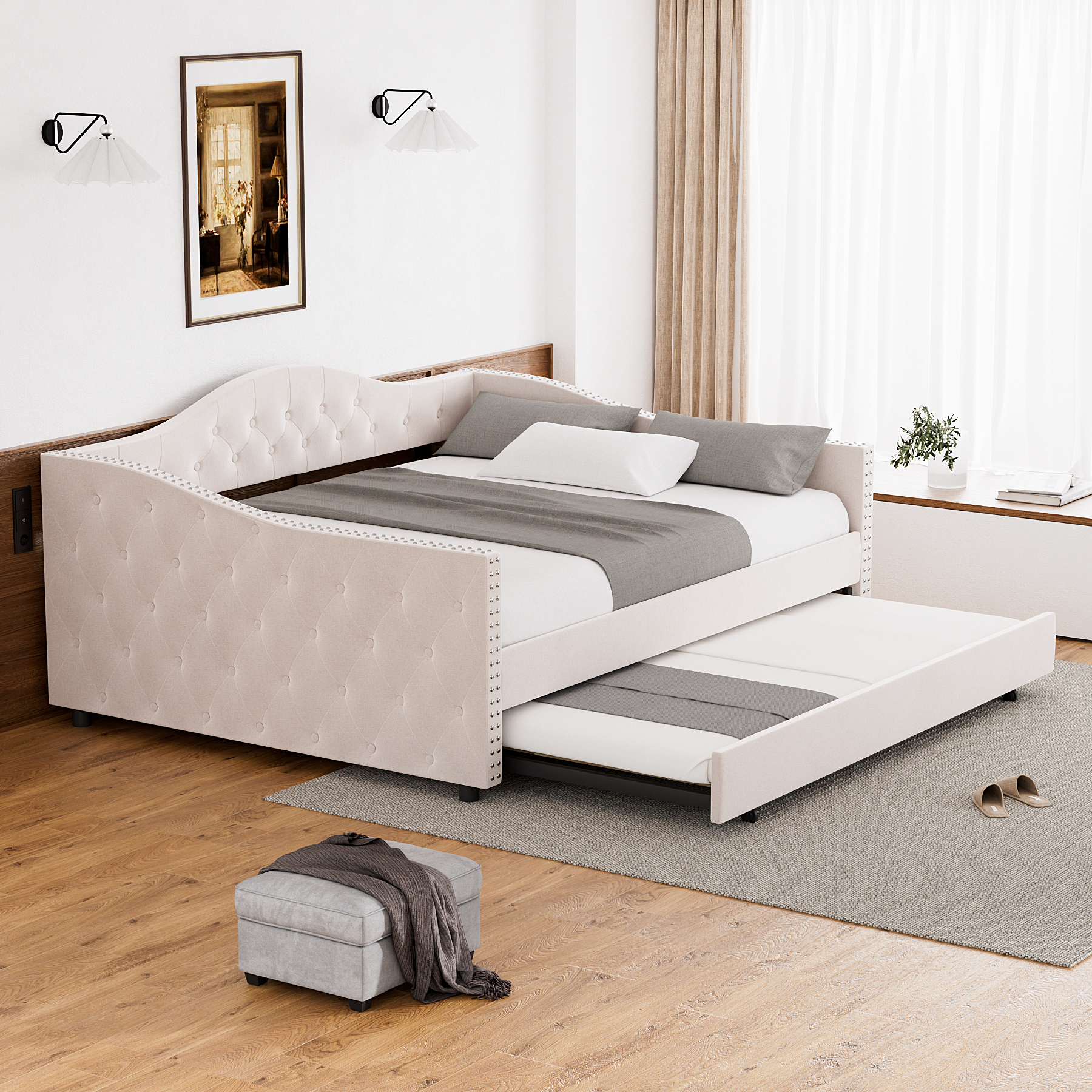 Rophefx Tufted Upholstered Full Daybed with Trundle, Modren Kids Pull Out Sofa Bed for Bedroom & Living Room, Full Size-Beige