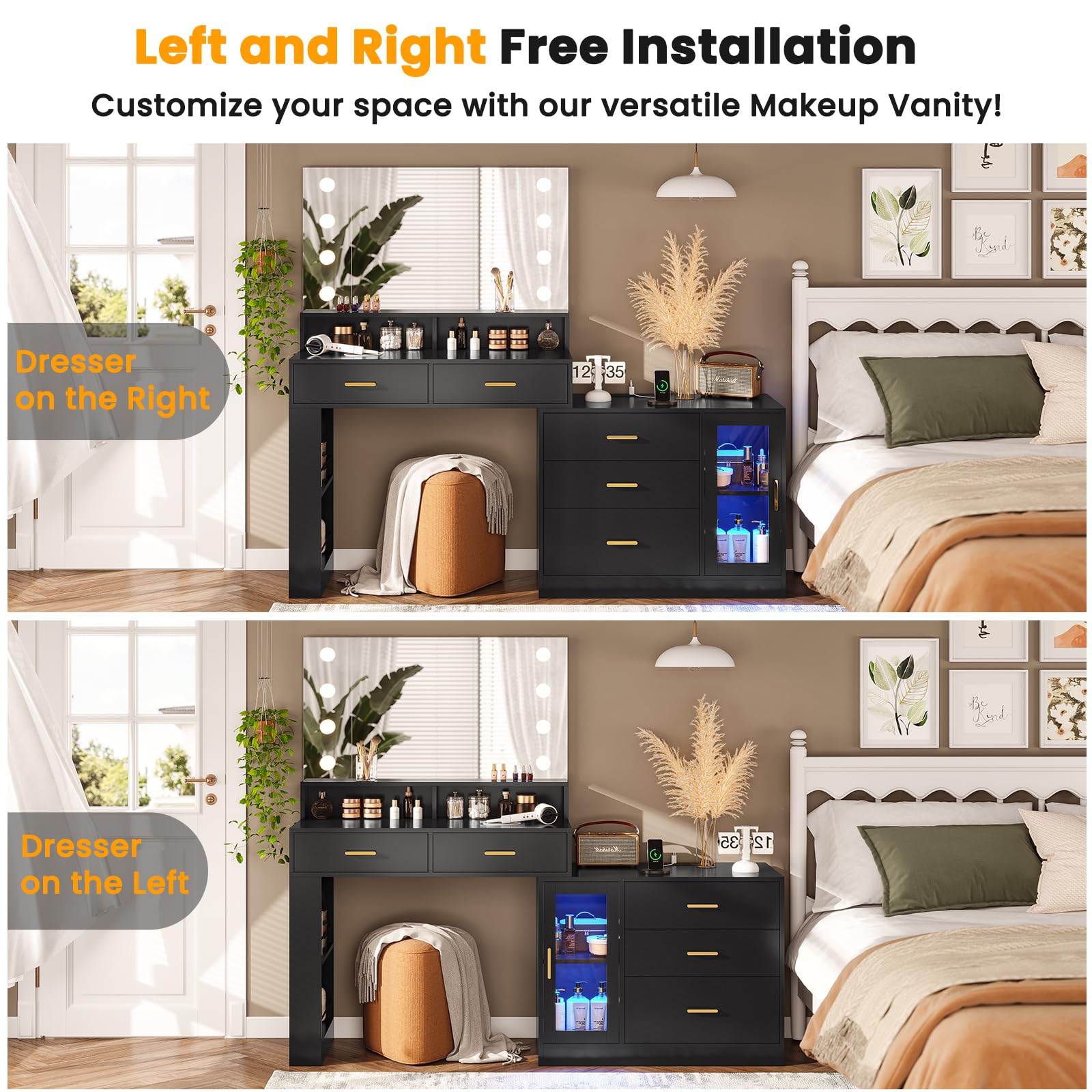 Vanity Table with Charging Station, Makeup Dressing Desk with 3 Drawers LED Dresser, Black