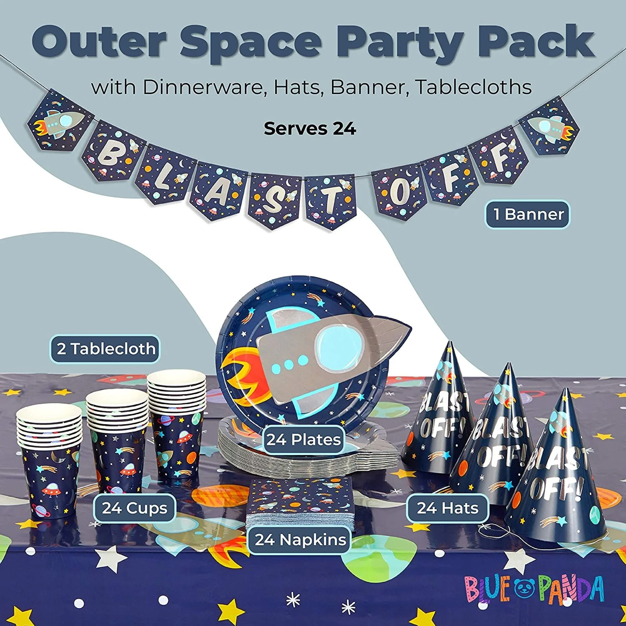 99-Piece Outer Space Party Pack with Dinnerware, Hats, Banner, Tablecloths (Serves 24)