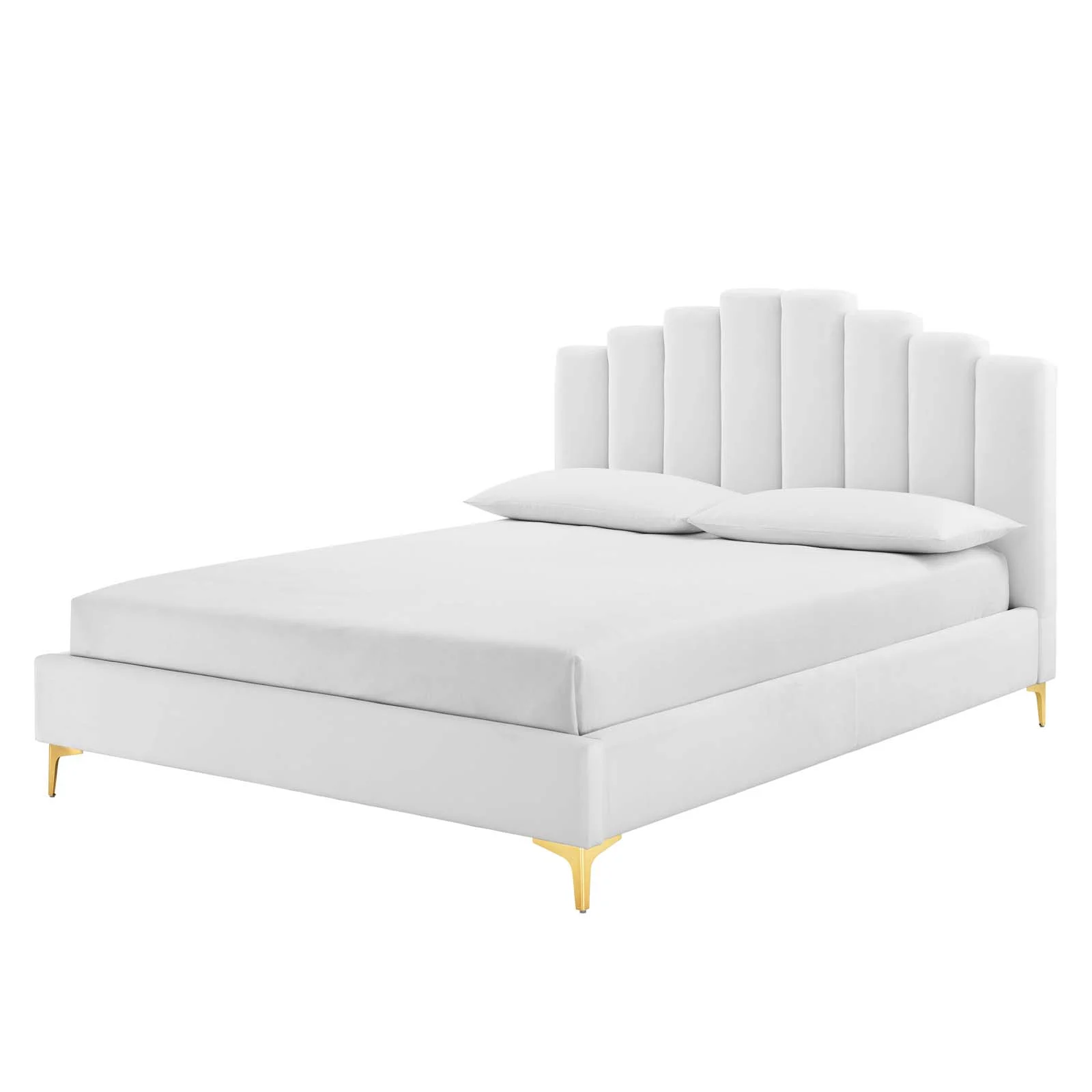 Platform Bed Frame, Queen Size, Velvet, White, Modern Contemporary Urban Design, Bedroom Master Guest Suite