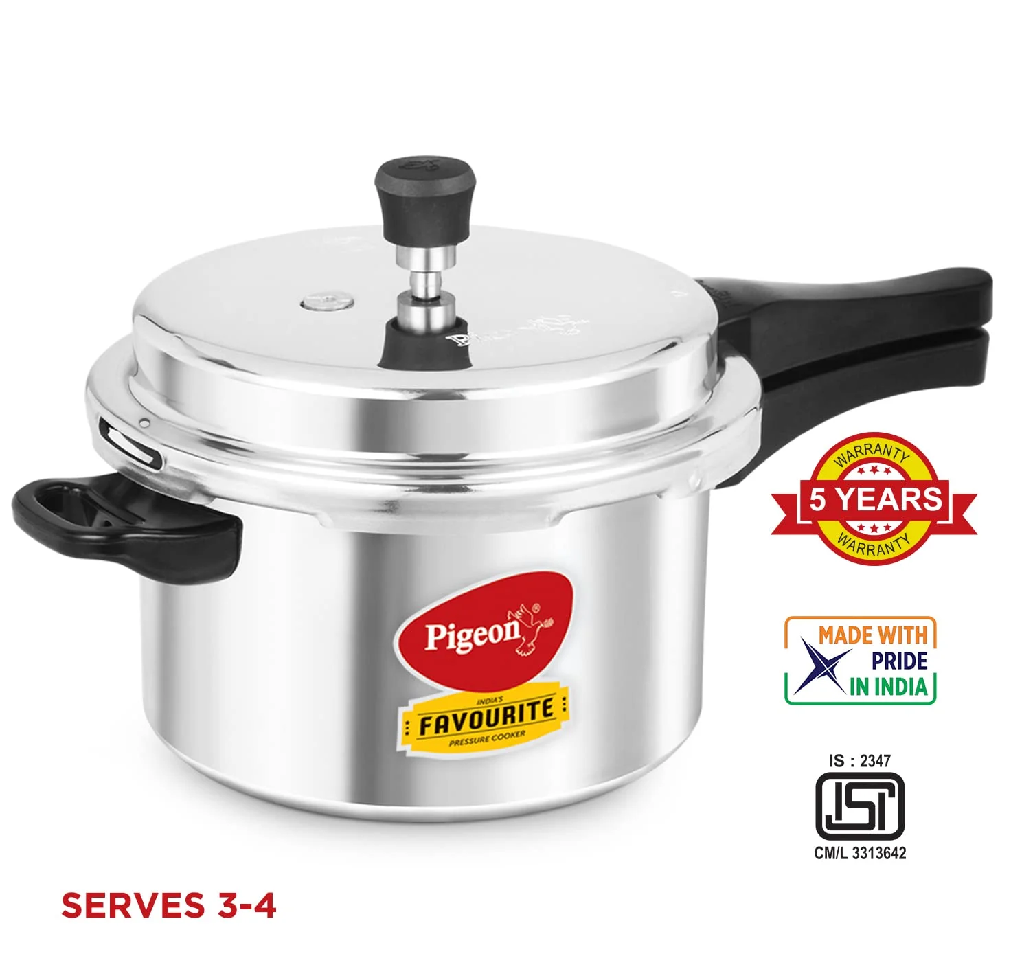 Pigeon By Stovekraft Favourite Aluminium Pressure Cooker With Outer Lid Induction And Gas Stove Compatible 5 Litre Capacity For Healthy Cooking (Silver)