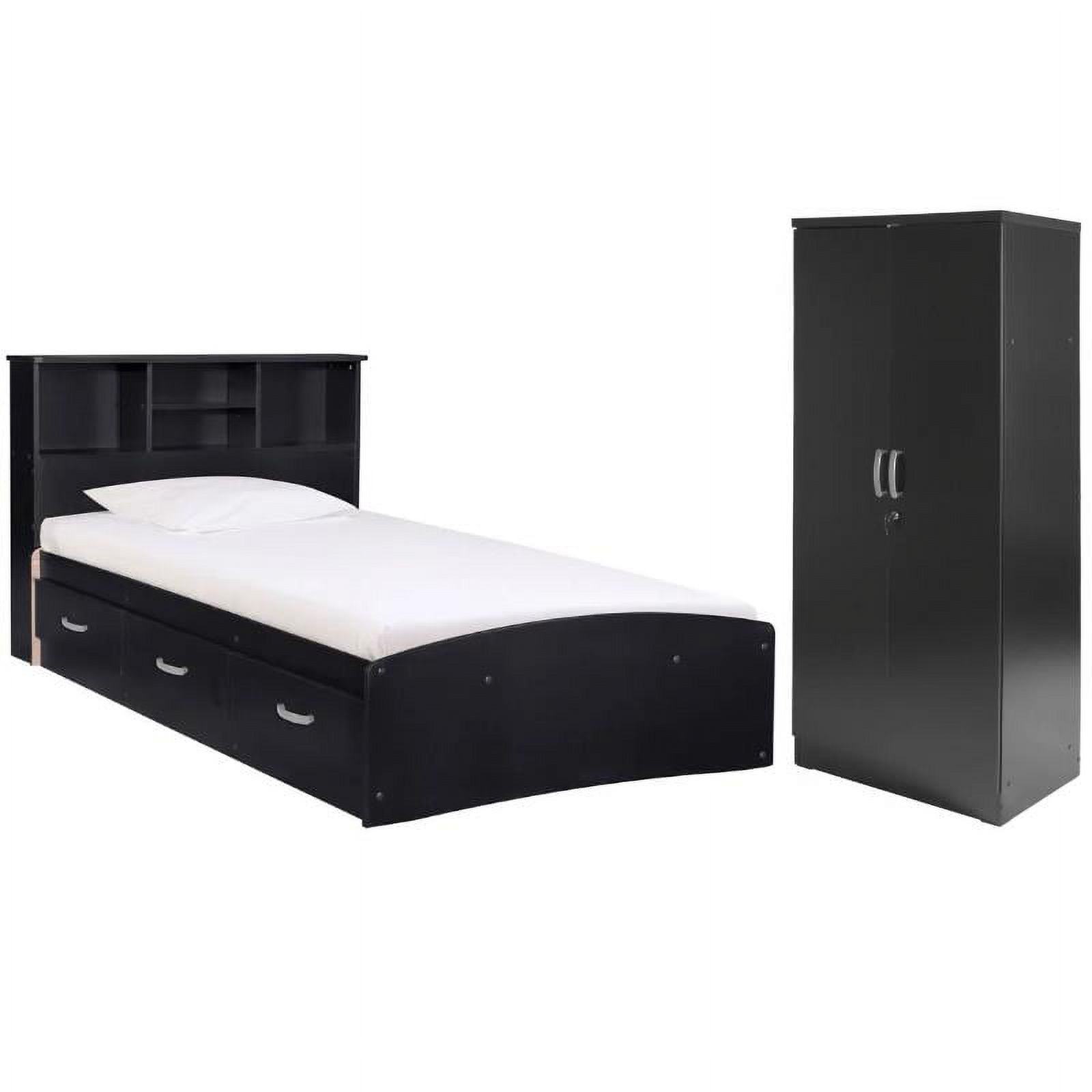 Home Square 2-Piece Set with Twin Captains Bed and Armoire Wardrobe Cabinet