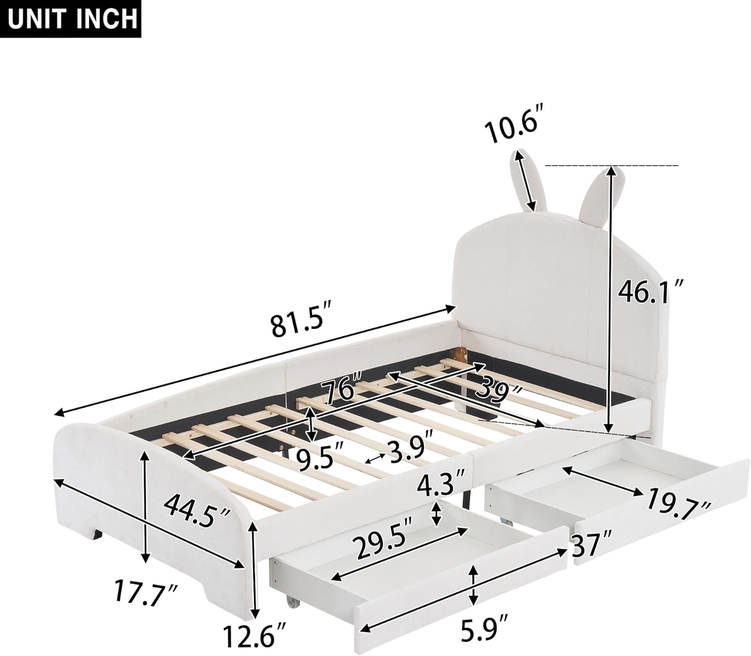 Size Upholstered Bed With Drawers And Cartoon Ears Shaped Headboard, Chenille Platform Bed Wood Frame, No Box Spring Needed, White, HJH-WF309760AAK