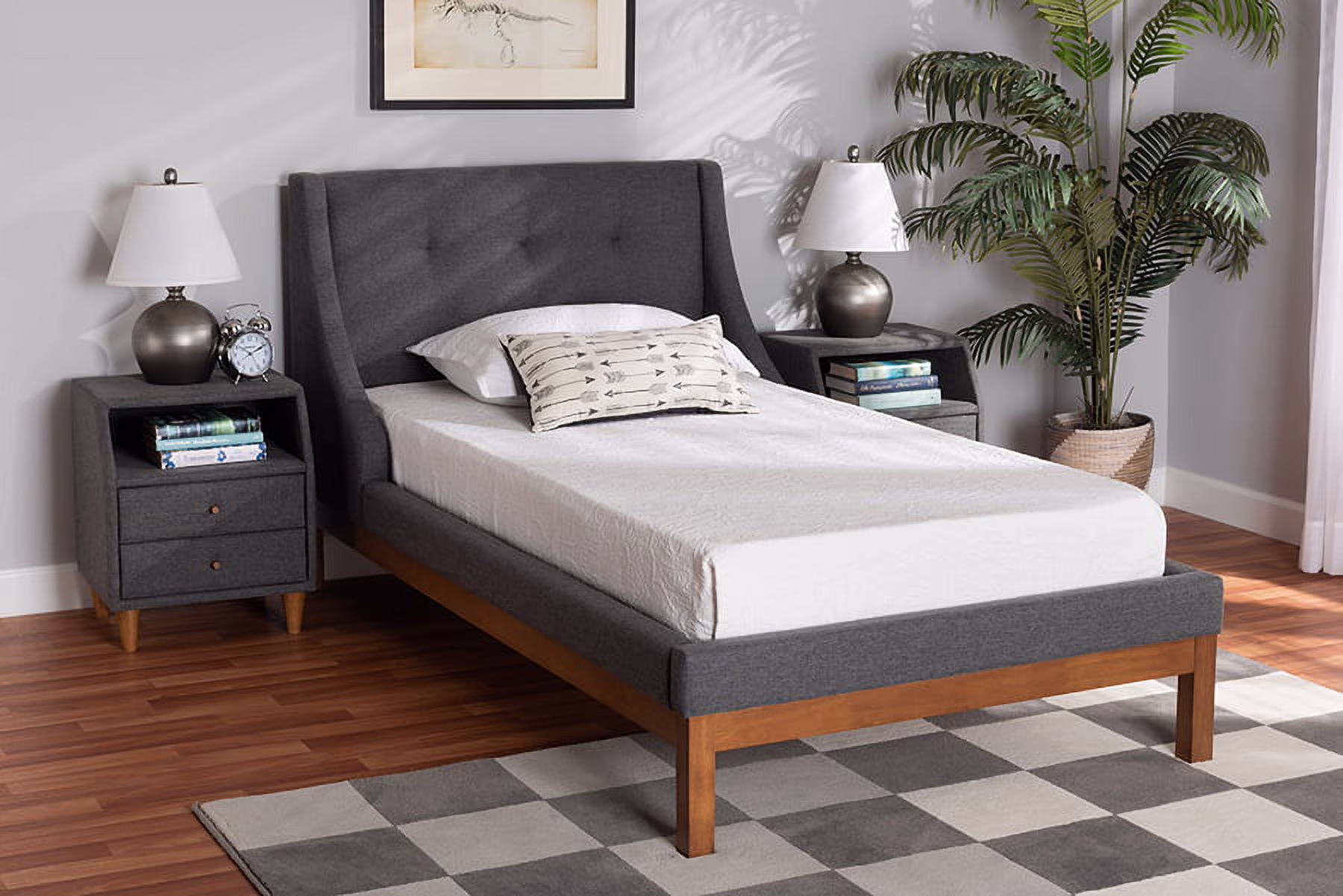 Baxton Studio Louvain Mid-Century Modern Transitional Dark Grey Fabric Upholstered Twin Size 3-Piece Bedroom Set