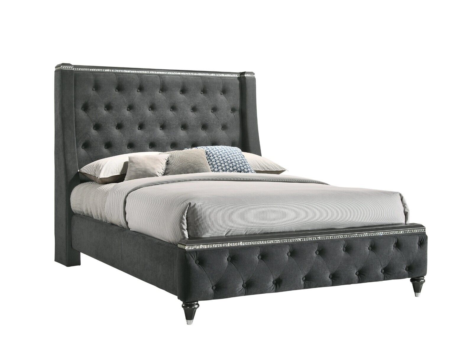 Modern Glam Style 3pc Queen Size Bedroom Set Grey Upholstered Panel Bed and 2x Nightstands Bedroom Furniture