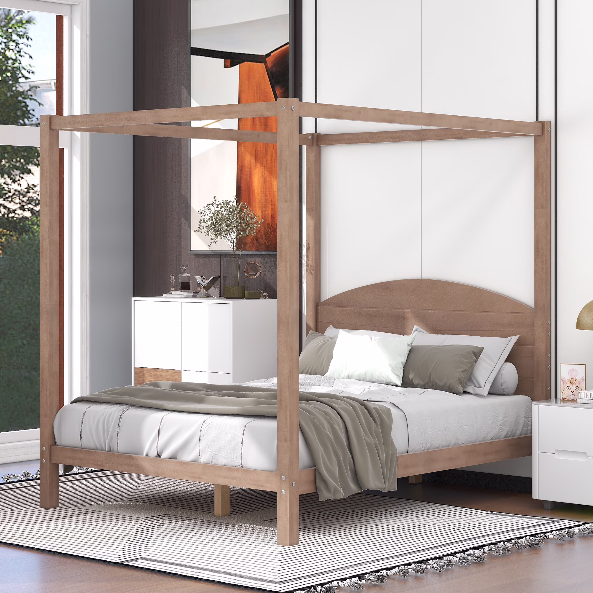 CoSoTower Queen Size Canopy Platform Bed With Headboard And Support Legs, Brown Wash