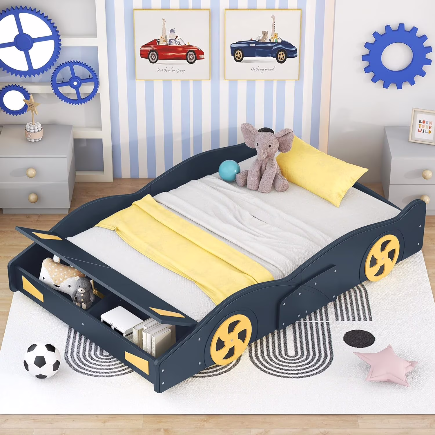Full Size Race Car-Shaped Platform Bed With Storage Ad Decorative Wheels, Solid Wood Full Bed Frame o Box Sprig Required, Dark Blue+Yellow