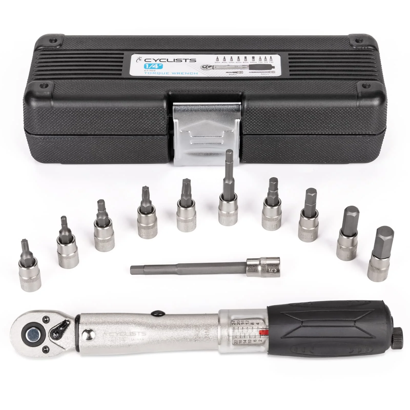 cyclists 1/4 Inch Drive Click Torque Wrench Set –2 to 24Nm – Bicycle Maintenance Kit for Road & Mountain Bikes - Includes Allen & Torx Sockets, 4mm 5mm Extension Bar & Storage Box