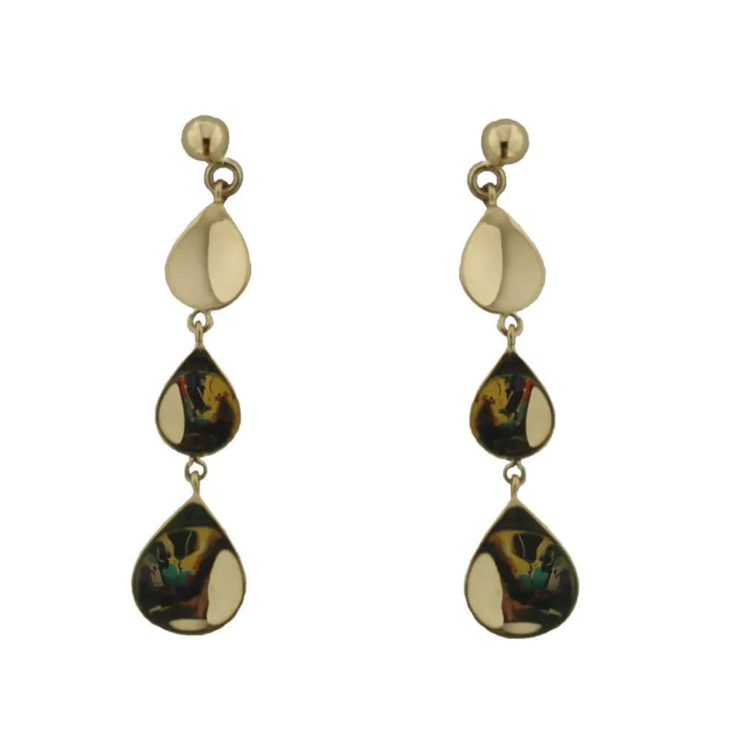 18K Yellow Gold three shiny tear drops post earrings 1.4 inches long aprox.
