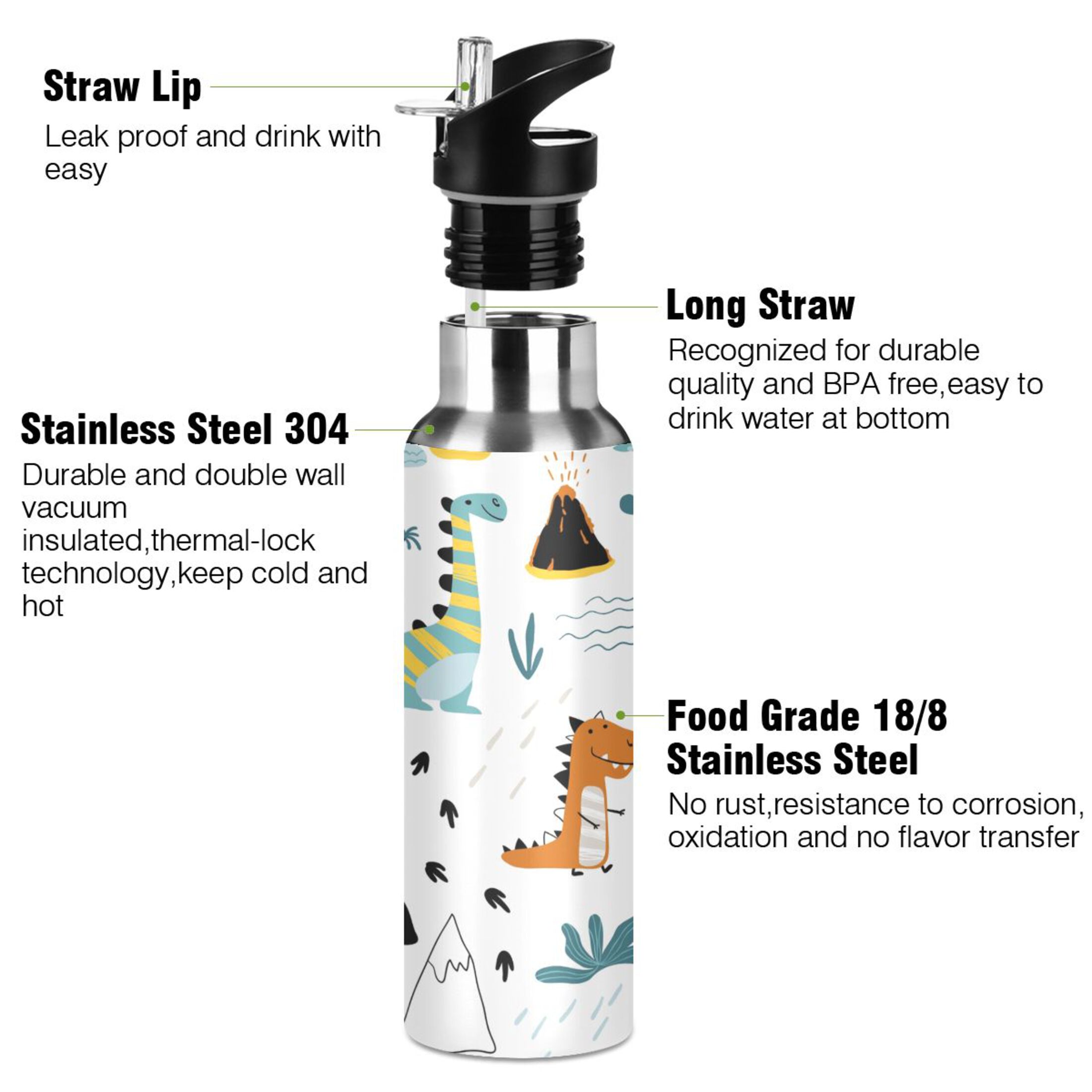 Stainless Steel Water Bottle Dinosaur Eggs Palm Trees with Straw Lid Vacuum Insulated Keeps Hot and Cold Leak Proof Flask Jug for Gym Travel Sports Cycling Outdoor 20 OZ