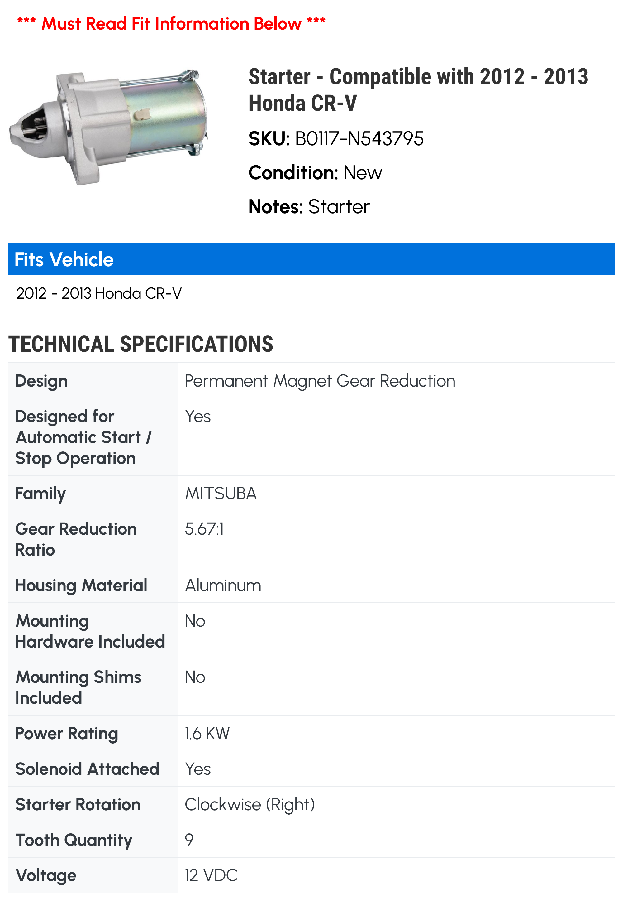Starter - Compatible with 2012 - 2013 Honda CR-V
