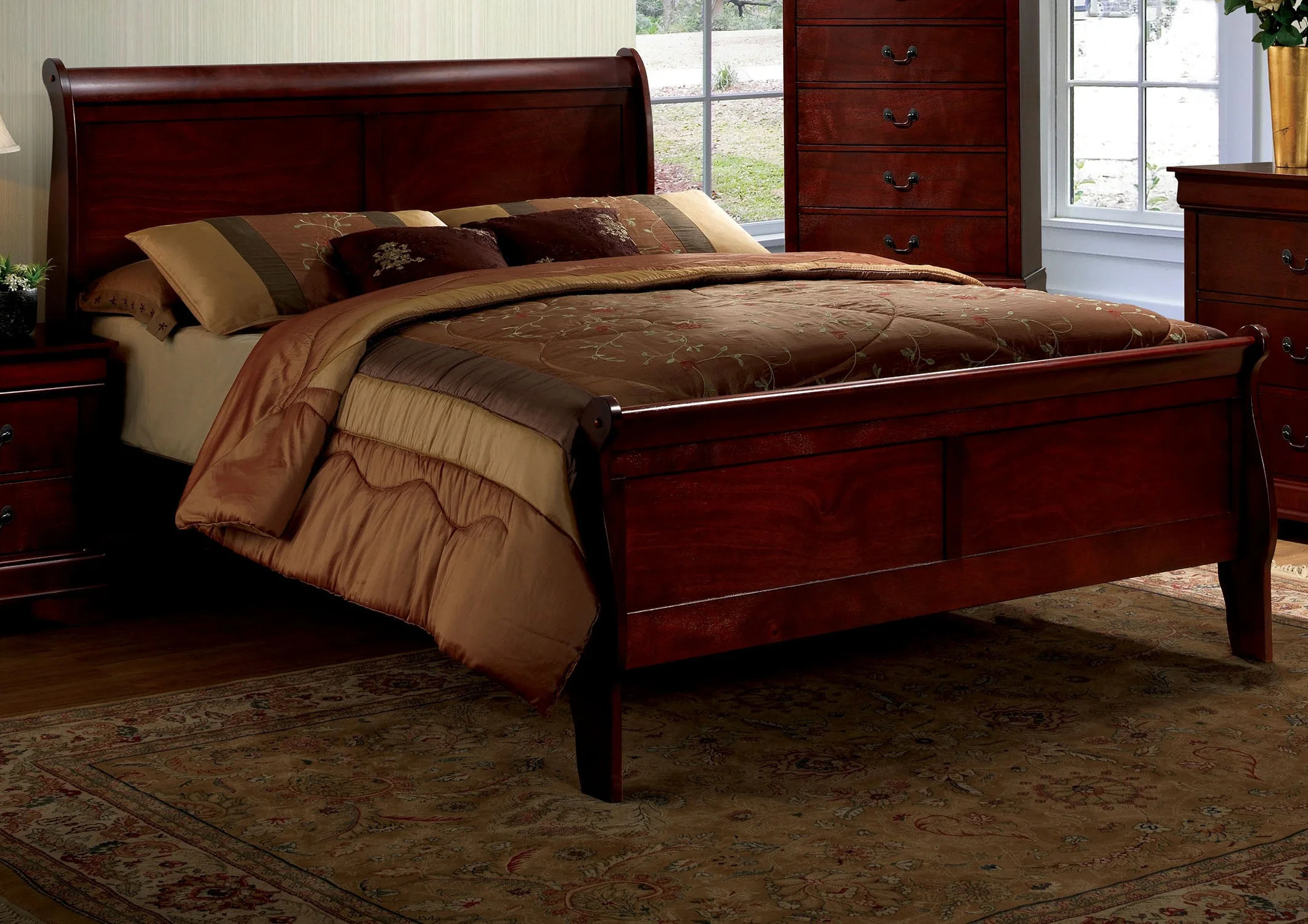 ikayaa Queen Size Bed Cherry Louis Phillipe Solidwood 1pc Bed Bedroom Sleigh Bed Bedroom Furniture
