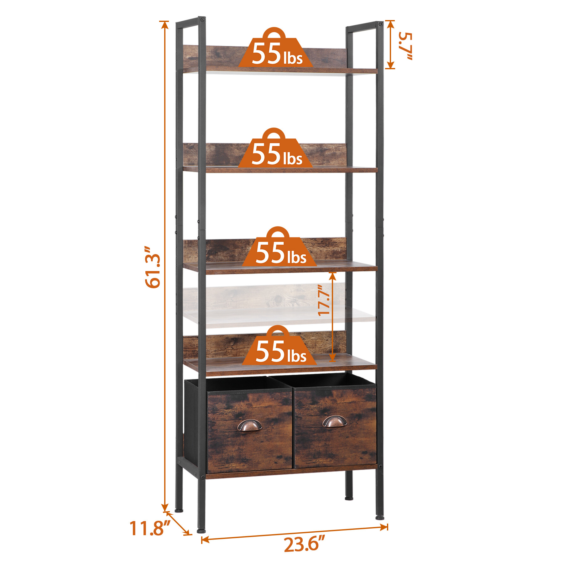 HomGarden 5 Tier Bookshelf Adjustable Bookcase W/ 2 Fabric Drawers for Home Office Living Room Rustic Brown