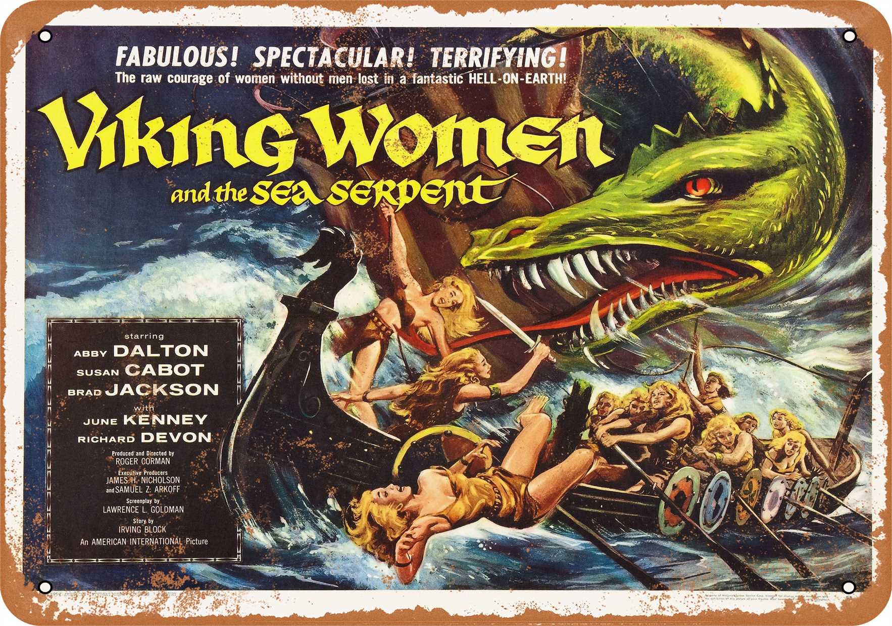7 x 10 METAL SIGN - Viking Women and the Sea Serpent Movie - Vintage Rusty Look