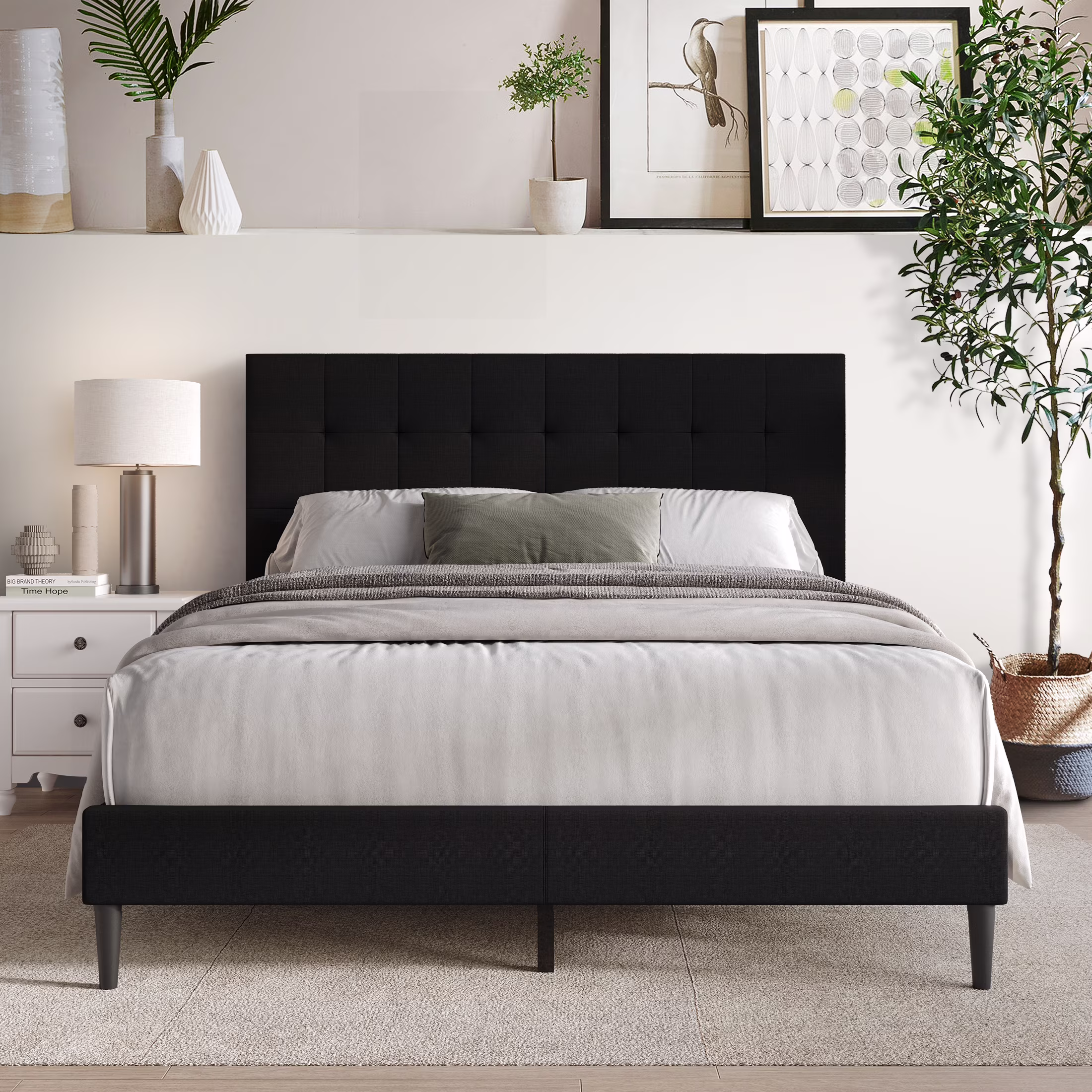 Castle Place Classic Linen Upholstered King Platform Bed, Black