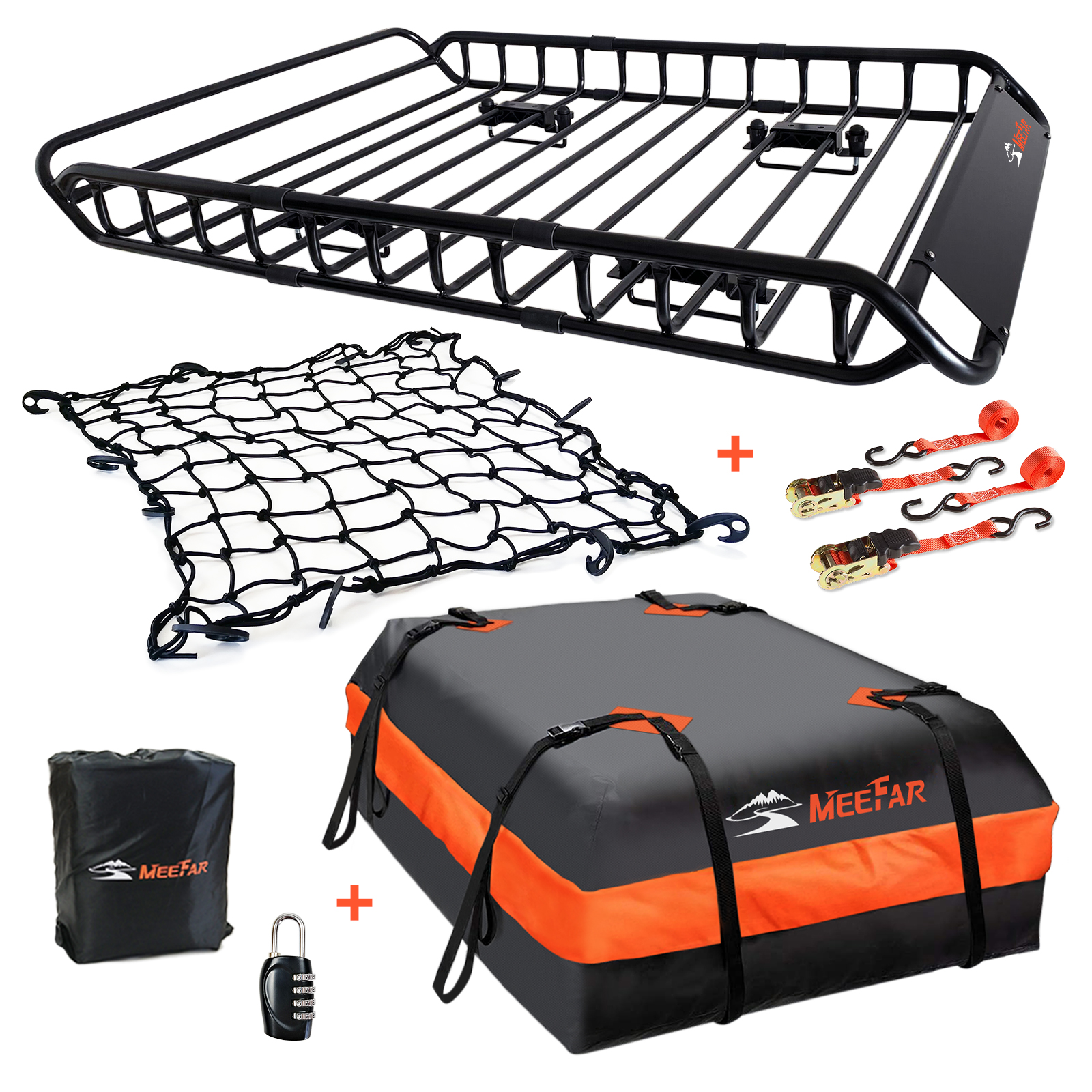 MeeFar Roof Top Rack Cargo Carrier Basket & 15 cu.ft. Waterproof Bag Fit Cross Bars