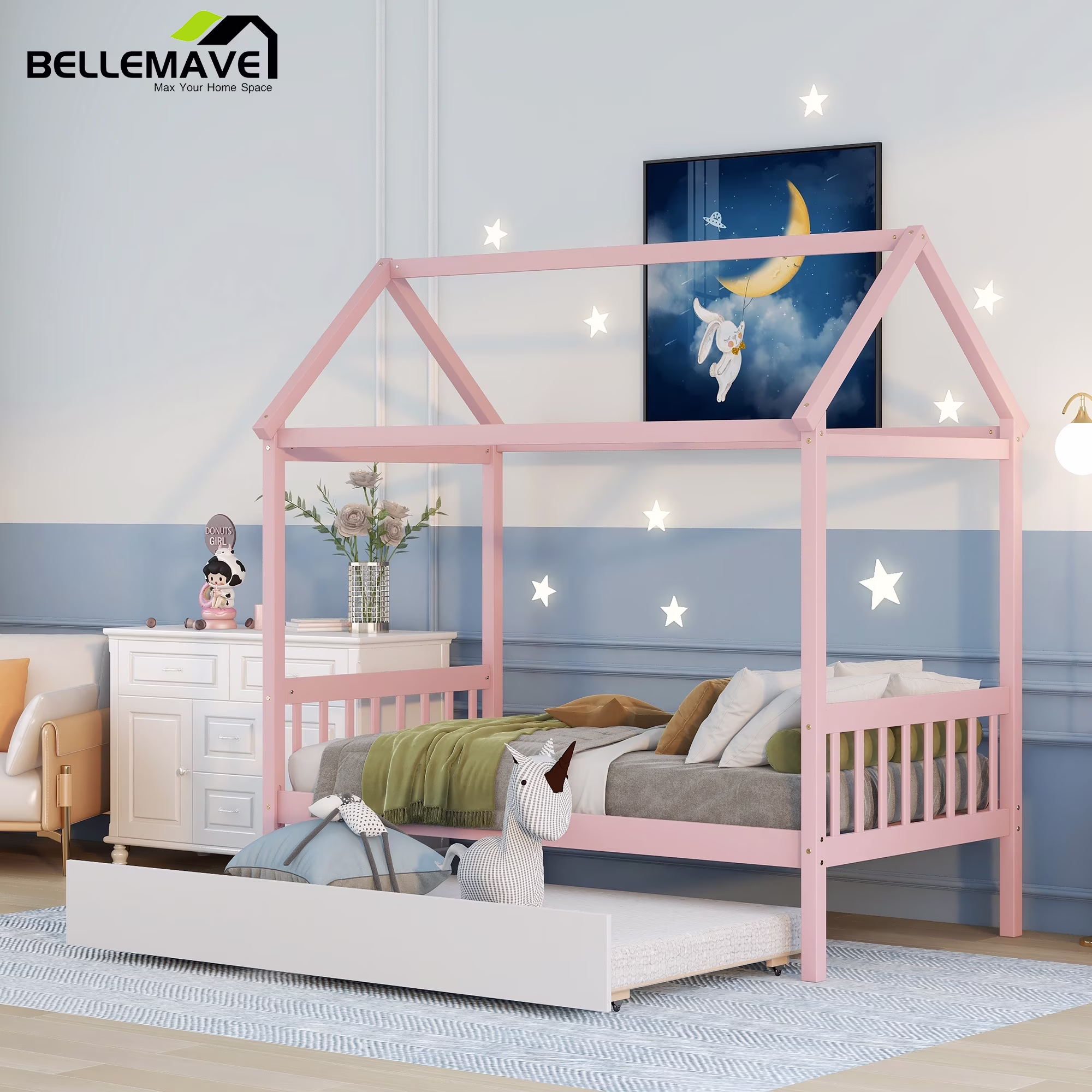 Bellemave Twin Size House Bed with Trundle Kids Wooden House Platform Bed with Headboard and Footboard Playhouse Bed Frame for Boys, Girls, Teens, Pink
