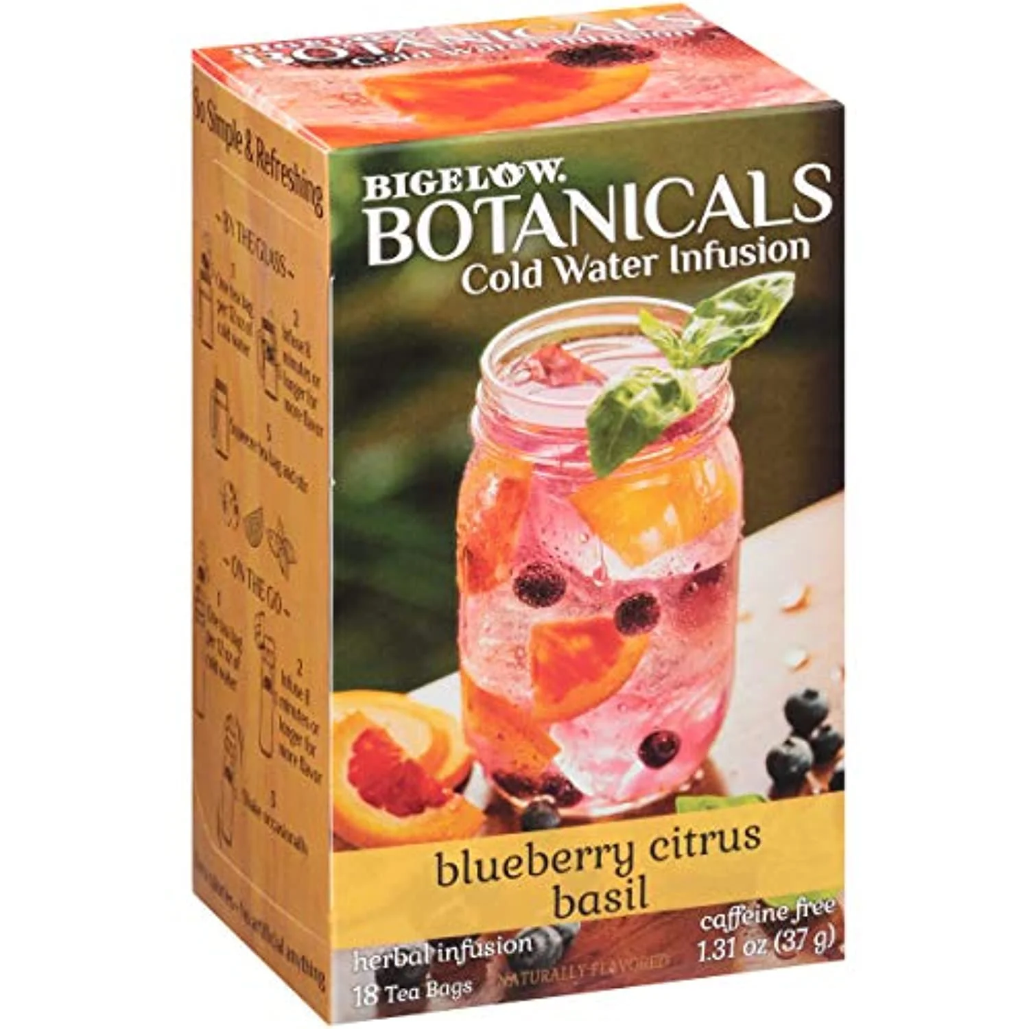 Bigelow Botanicals Cold Water Infusion Blueberry Citrus Basil, Herbal, Caffeine Free, 18 Count (Pack Of 6), 108 Total Tea Bags