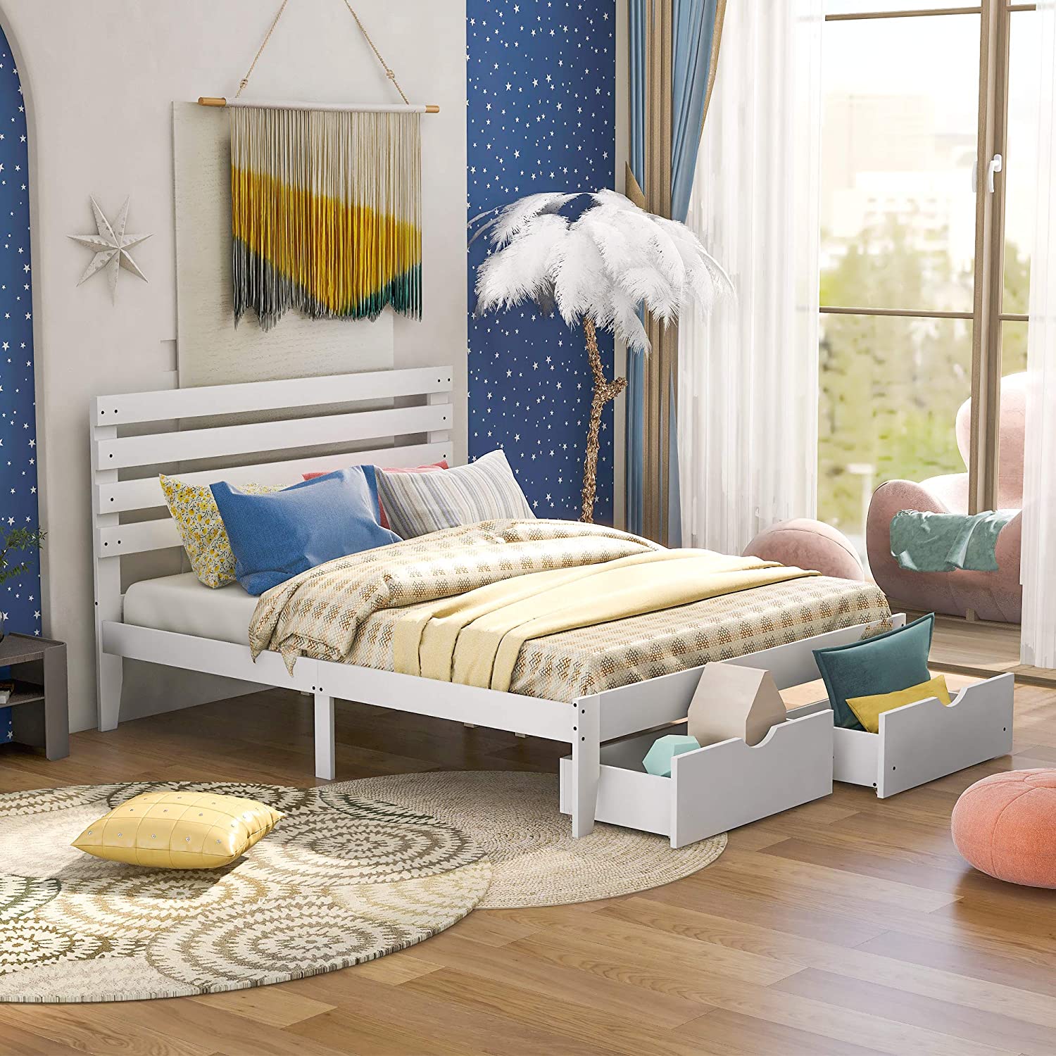 Full Size Platform Bed With Storage Drawer, Wooden Bed Frame With Headboard (White, Twin)