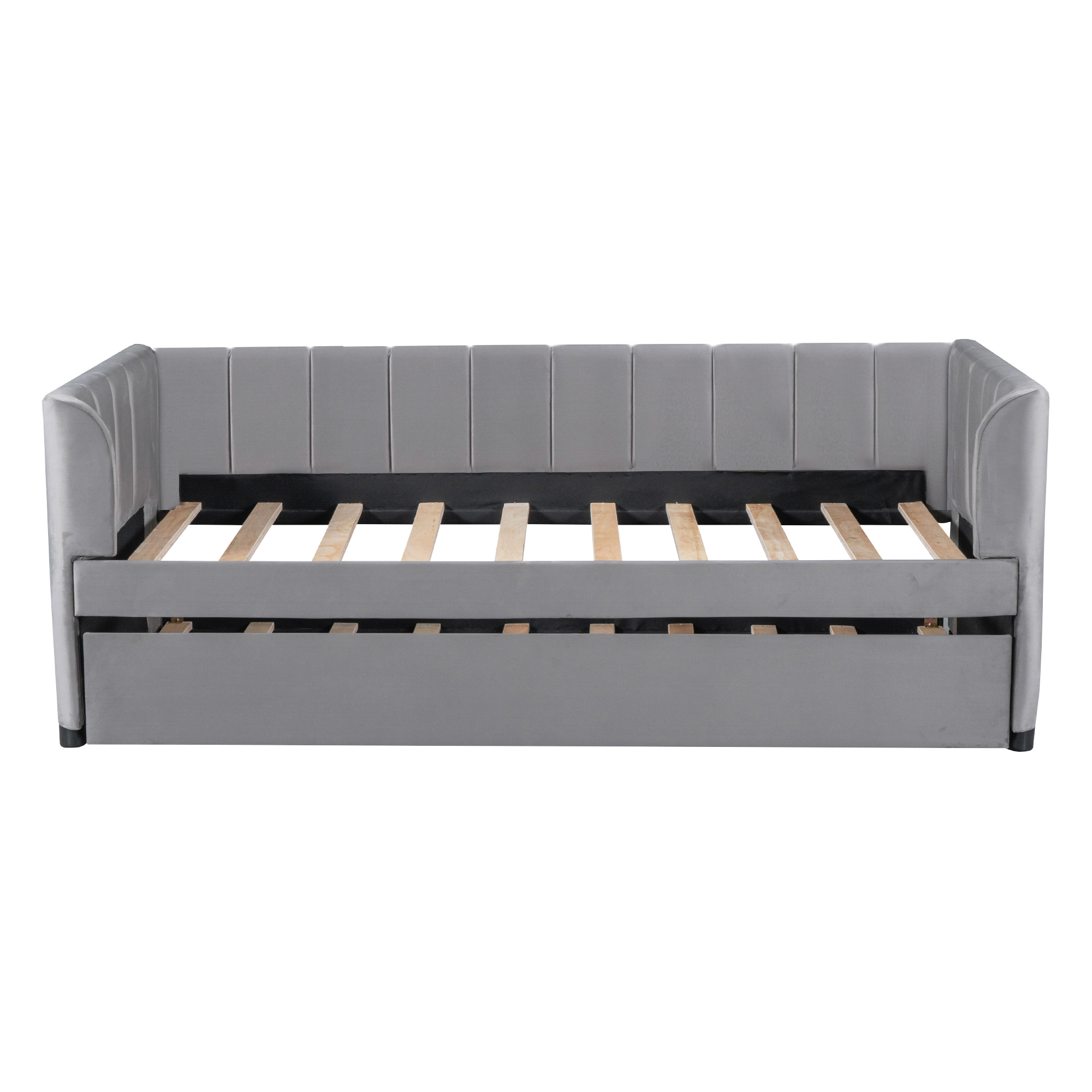 Twin Upholstered Daybed with Trundle & Ergonomic Backrest, Gray - Fits Twin Mattress