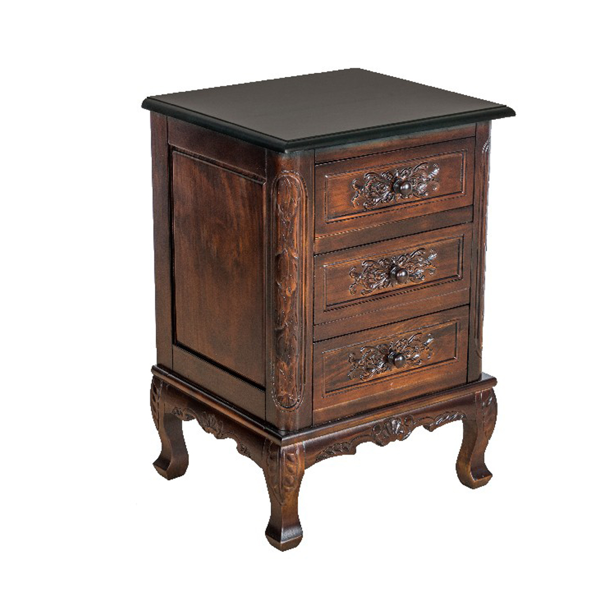 Traditional 3 Drawer Chest with Wooden Carvings and Cabriole Feet, Brown- Saltoro Sherpi