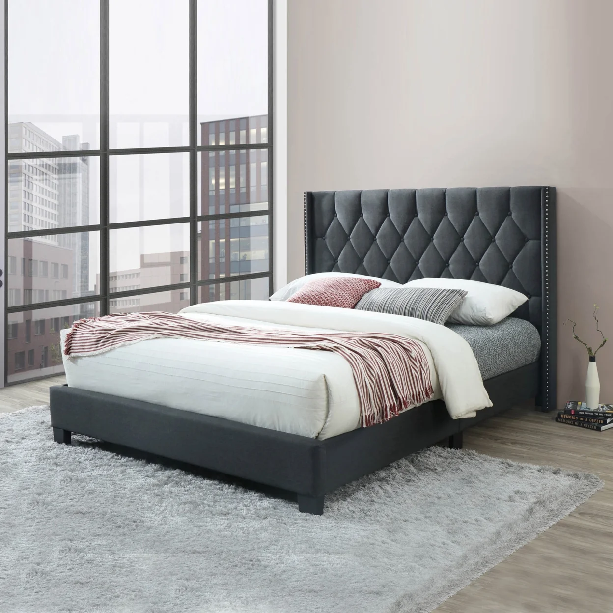 Home Bedroom Furniture Amelia Fabric Tufted Queen Platform Bed - Charcoal
