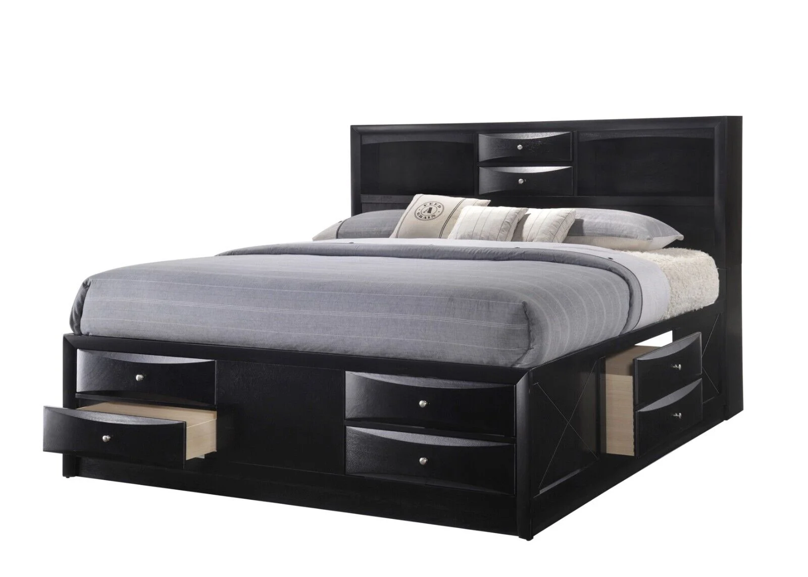 Contemporary King Size 3pc Bedroom Set Storage Drawers Bed and Nightstands Black Finish Wooden Furniture