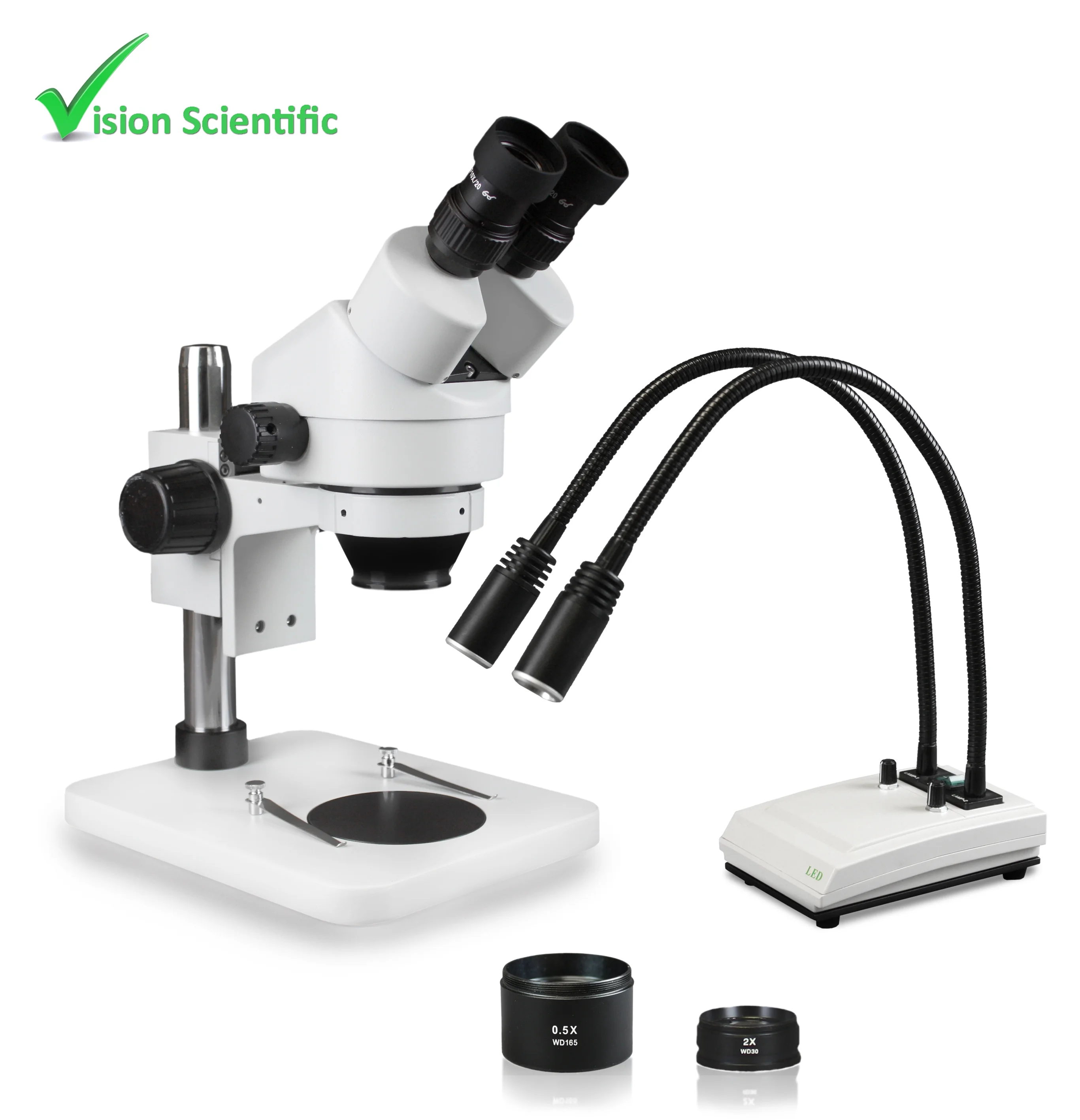 Vision Scientific VS-1EZ-IHL20 Binocular Zoom Stereo Microscope, 10x WF Eyepiece, 0.7x—4.5x Zoom, 3.5x—90x Magnification, 0.5x & 2x Aux Lens, Pillar Stand, LED Gooseneck Dual Light with Control