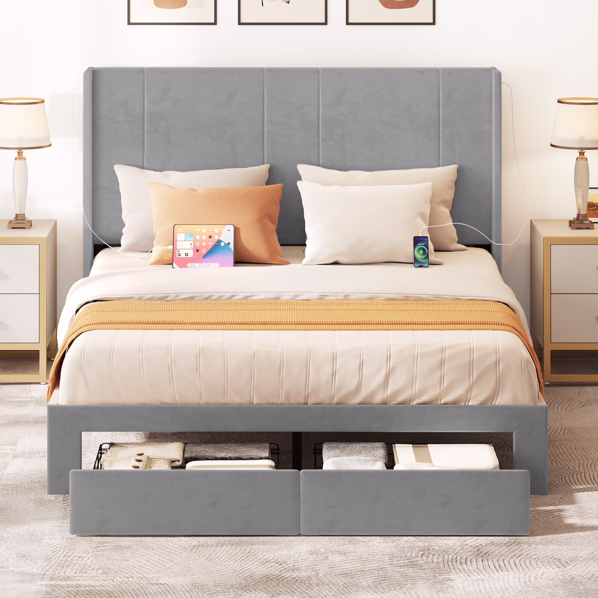Queen Upholstered Bed Frame with Storage Drawers Headboard Built-in 4 USB Platform Bed Grey