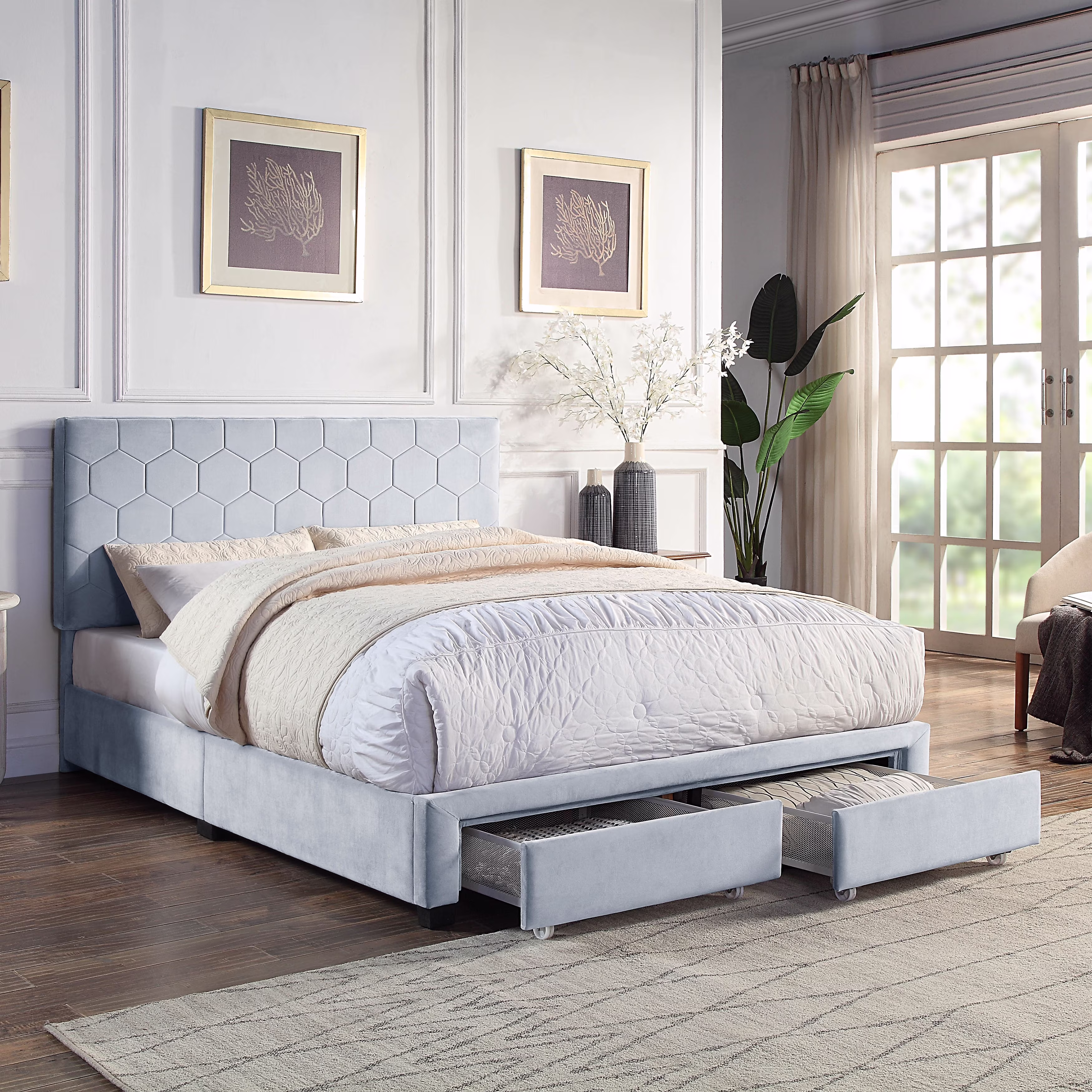 Furniture of America Honeycomb Modern Grey Velvet Headboard Storage Guest Bed by  Full