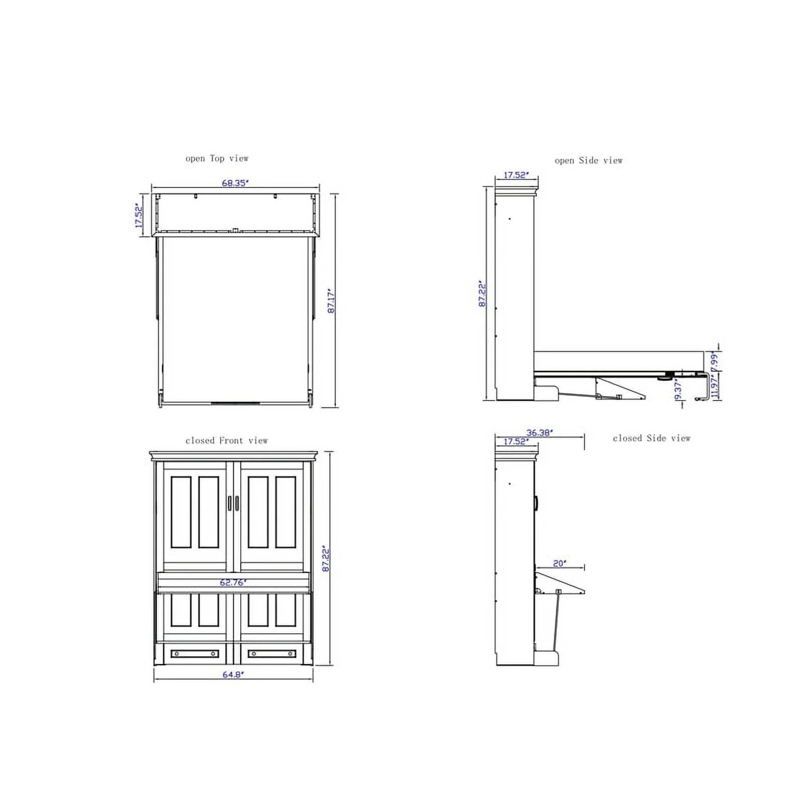 Pemberly Row Transitional Queen Solid Wood Murphy Wall Desk Bed in Brown