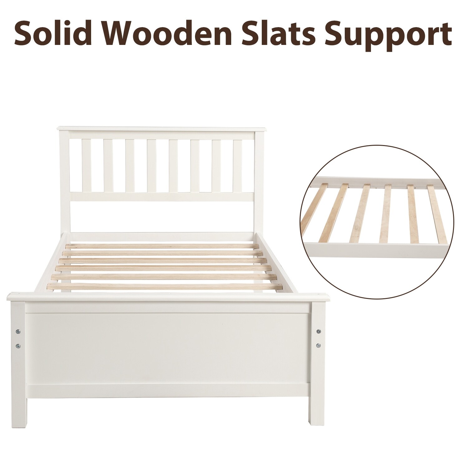Twin Size Wood Platform Bed with Headboard, Footboard and Wood Slat Support, Walnut White