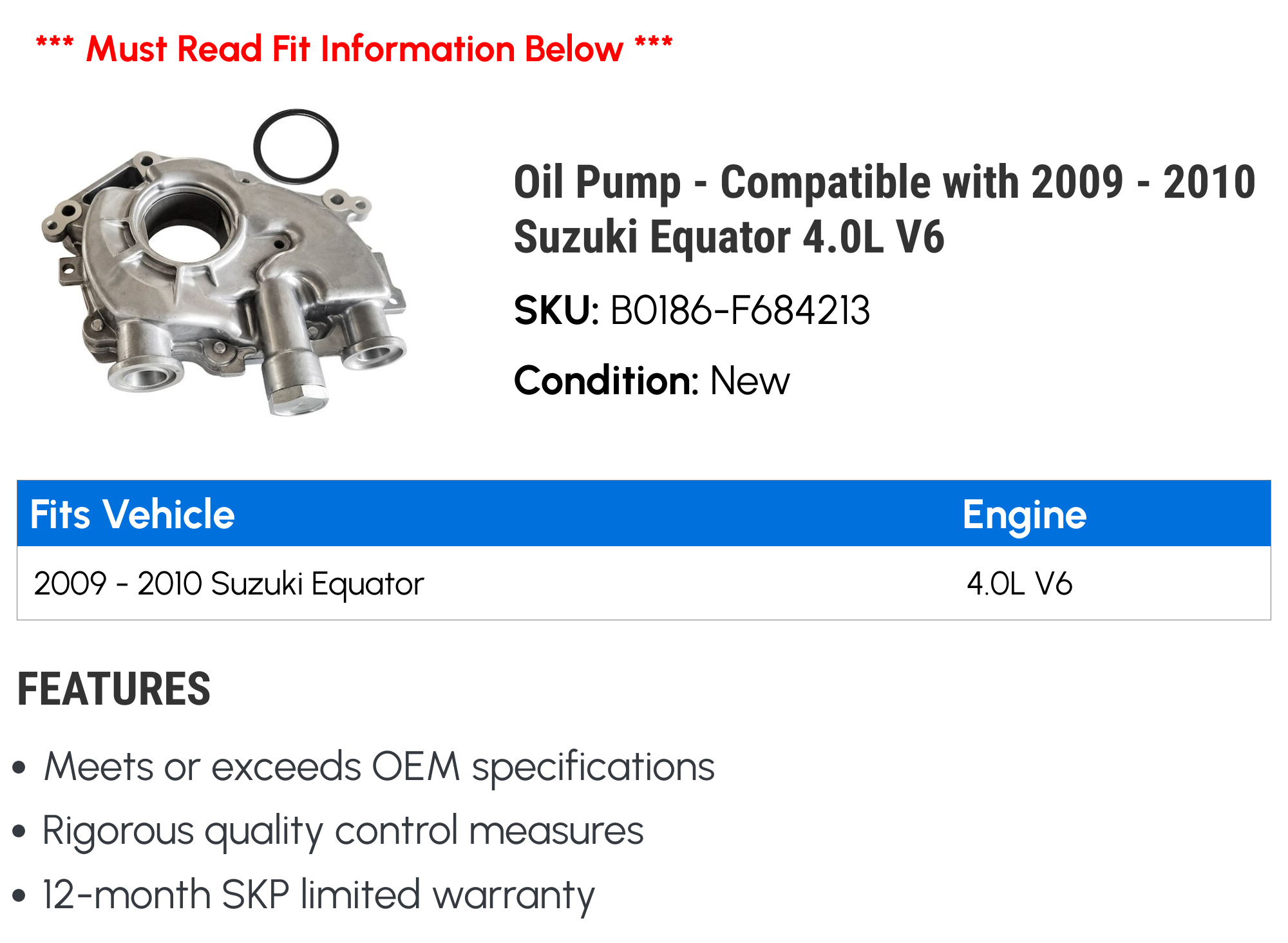 Pump - Compatible with 2009 - 2010 Suzuki Equator 4.0L V6