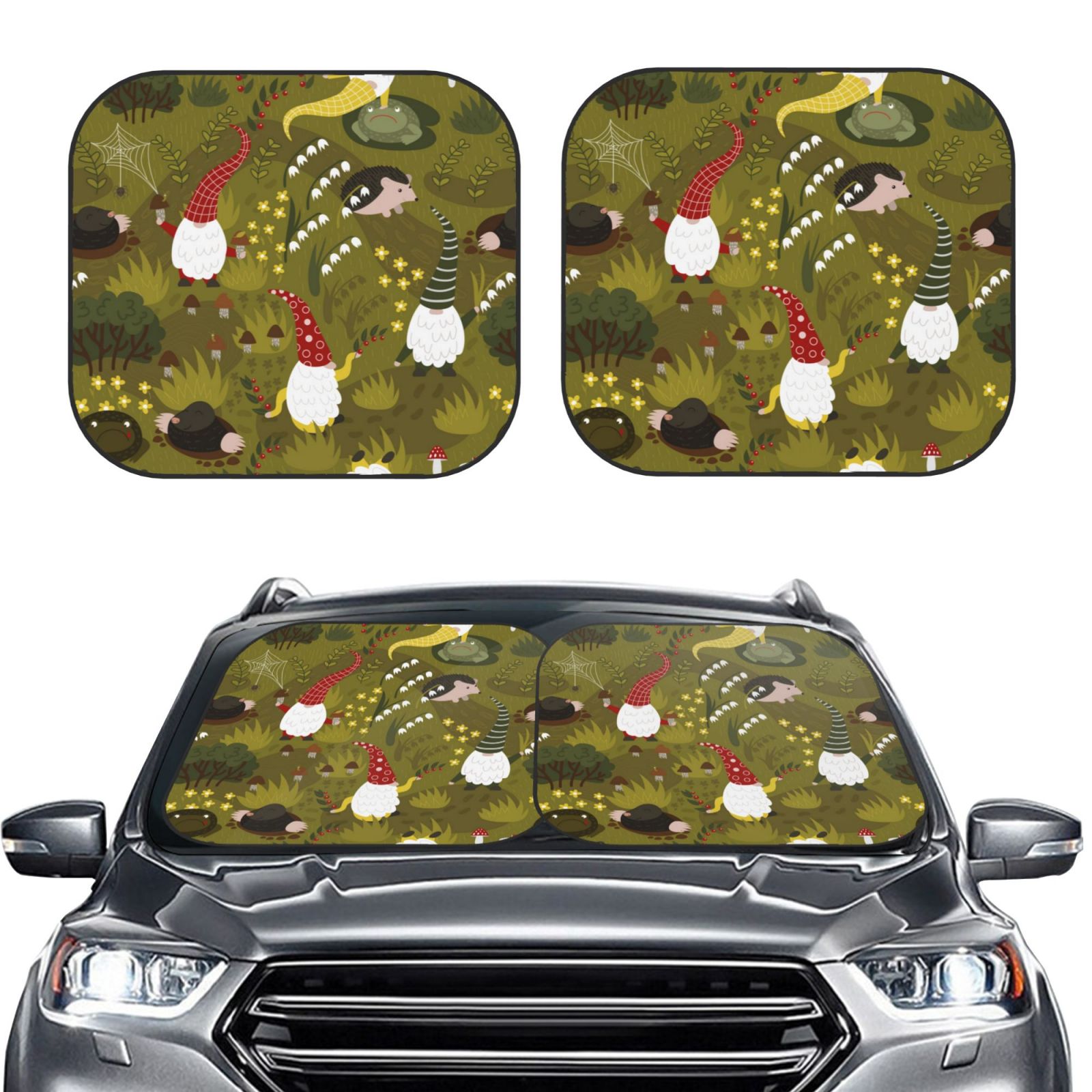 Lukts Gnomes Playing In The Garden Print 2 Piece Car Sun Shade Windshield,Foldable Car Shade Front Windshield With Keeps Your Vehicle Cool, For Most Sedans Suv And Trucks - Small