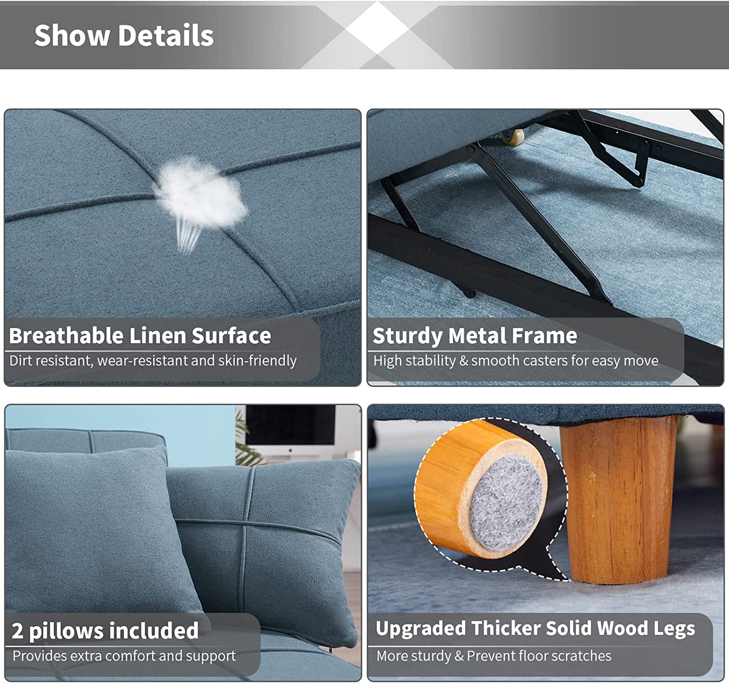 Homrest 3-in-1 Convertible Chair Multi-Functional Sofa Bed Adjustable Recliner(Blue Grey)