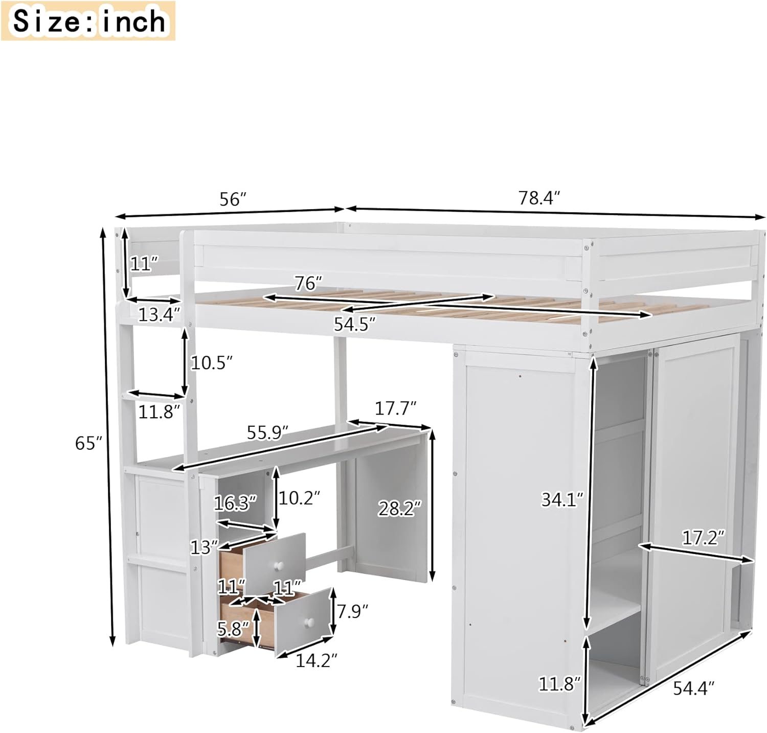 Full Size Loft Bed With Wardrobes Ad Desk, Solid Wood Loft Bed Frame With 2 Storage Drawers Cabiet, For Kids Tees Adults (White)