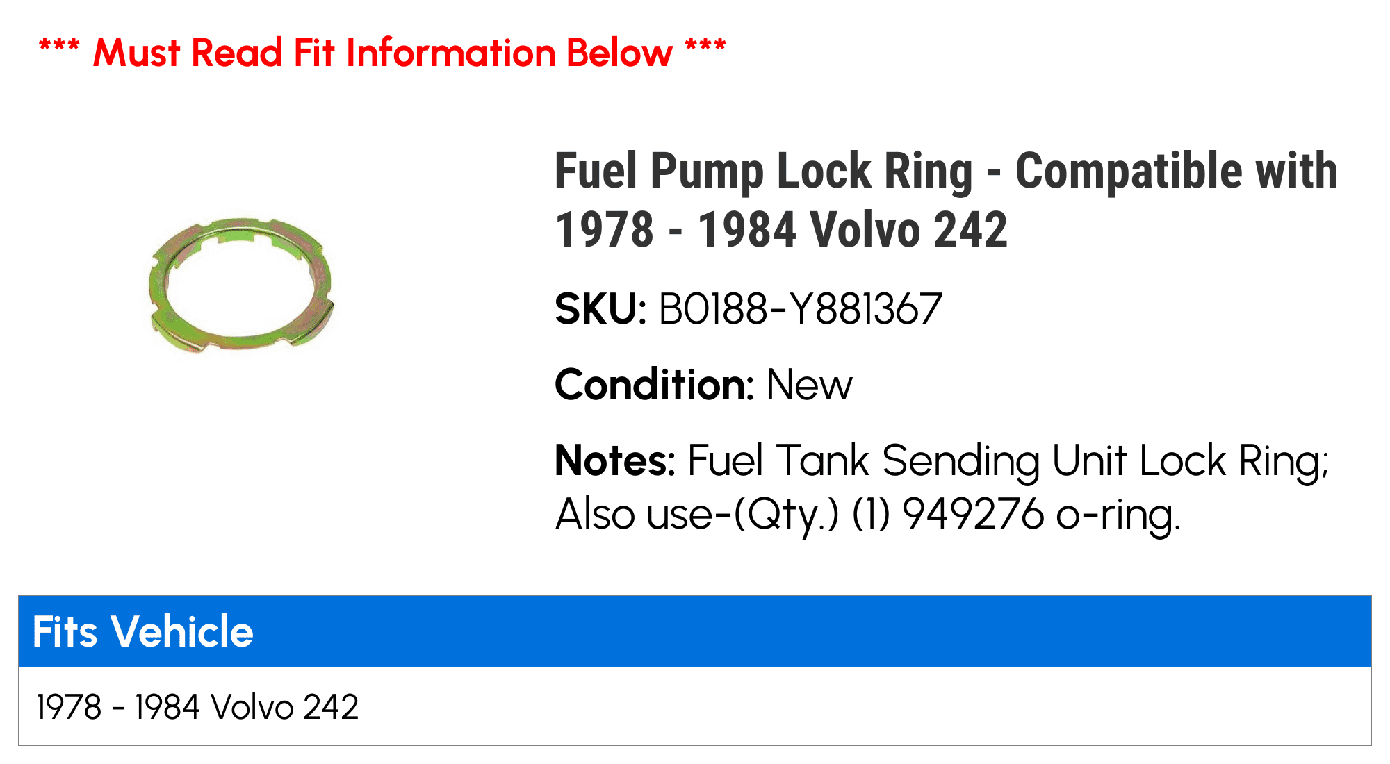 Fuel Pump Lock Ring - Compatible with 1978 - 1984 Volvo 242 1979 1980 1981 1982 1983