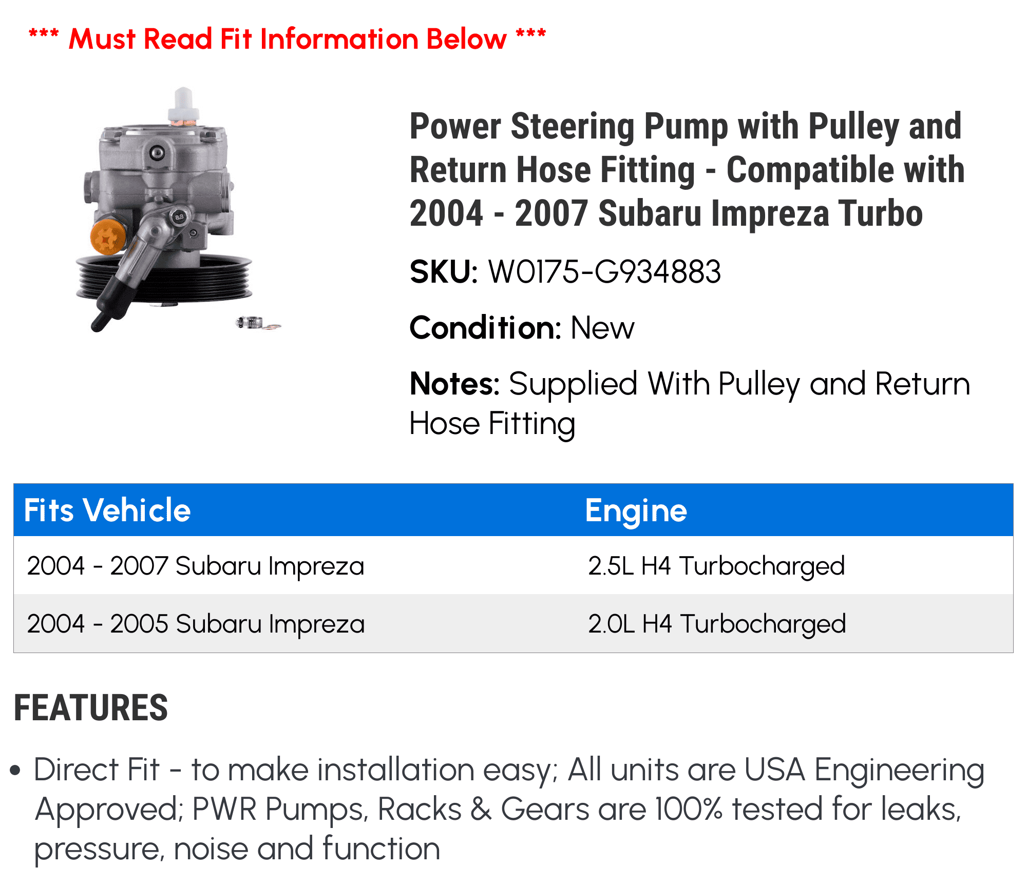 Power Steering Pump with Pulley and Return Hose Fitting - Compatible with 2004 - 2007 Subaru Impreza Turbo 2005 2006