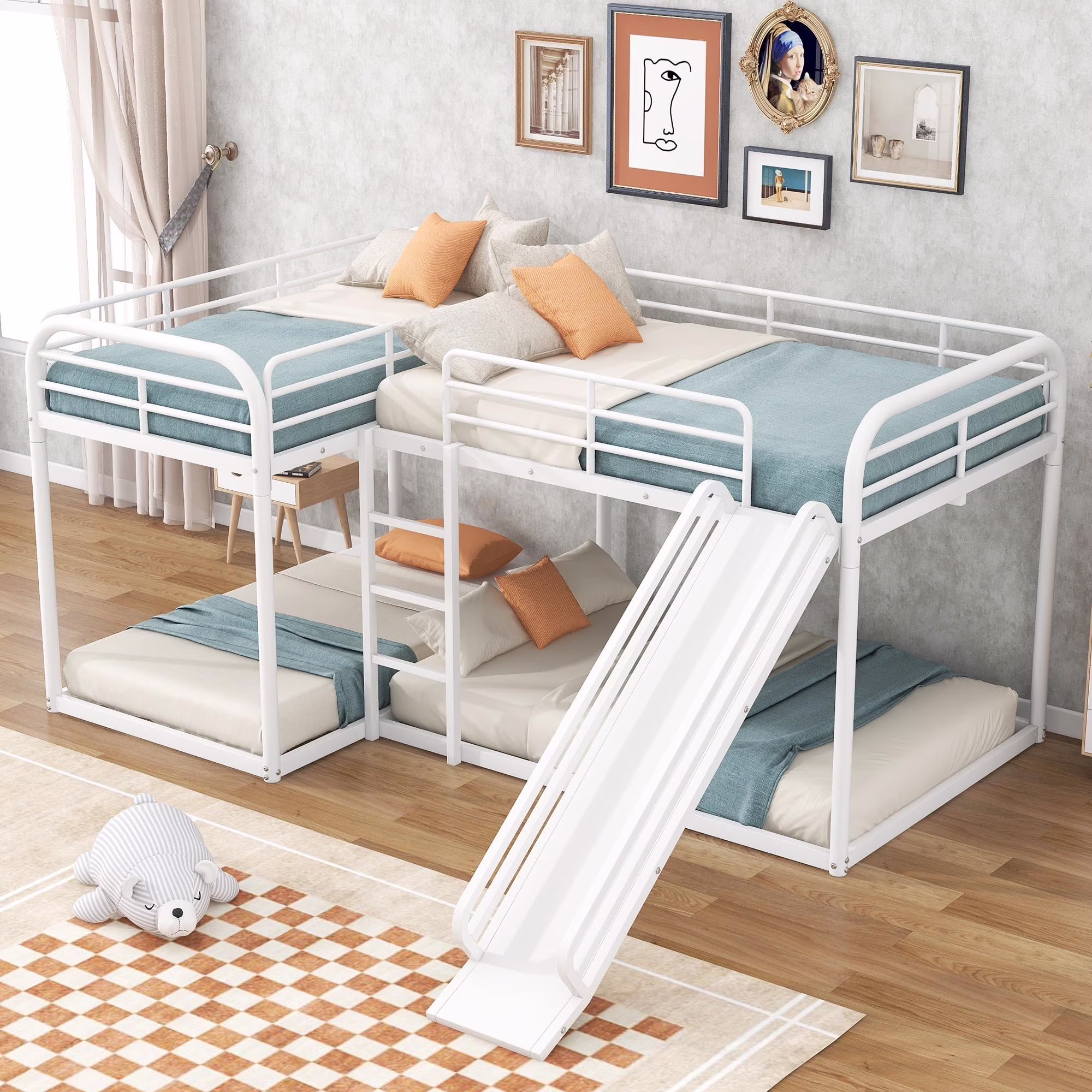 Bellemave Quad Bunk Beds with Slide, Metal Full and Twin Corner Bunk Beds for 4, Heavy-Duty L-Shape Floor Bunk Bed for Kids Teens Boys Girls（White）