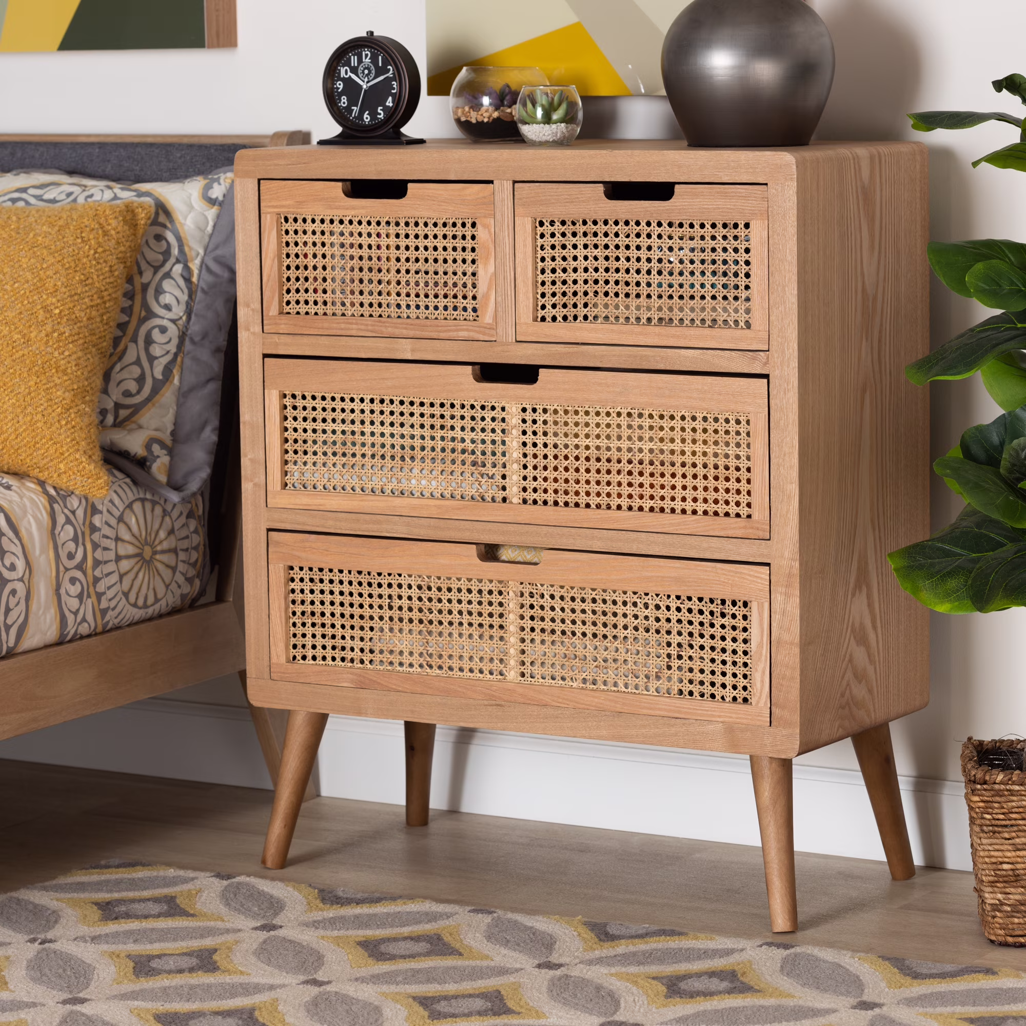 Baxton Studio Alina Mid-Century Modern Medium Oak Finished Wood and Rattan 4-Drawer Accent Chest