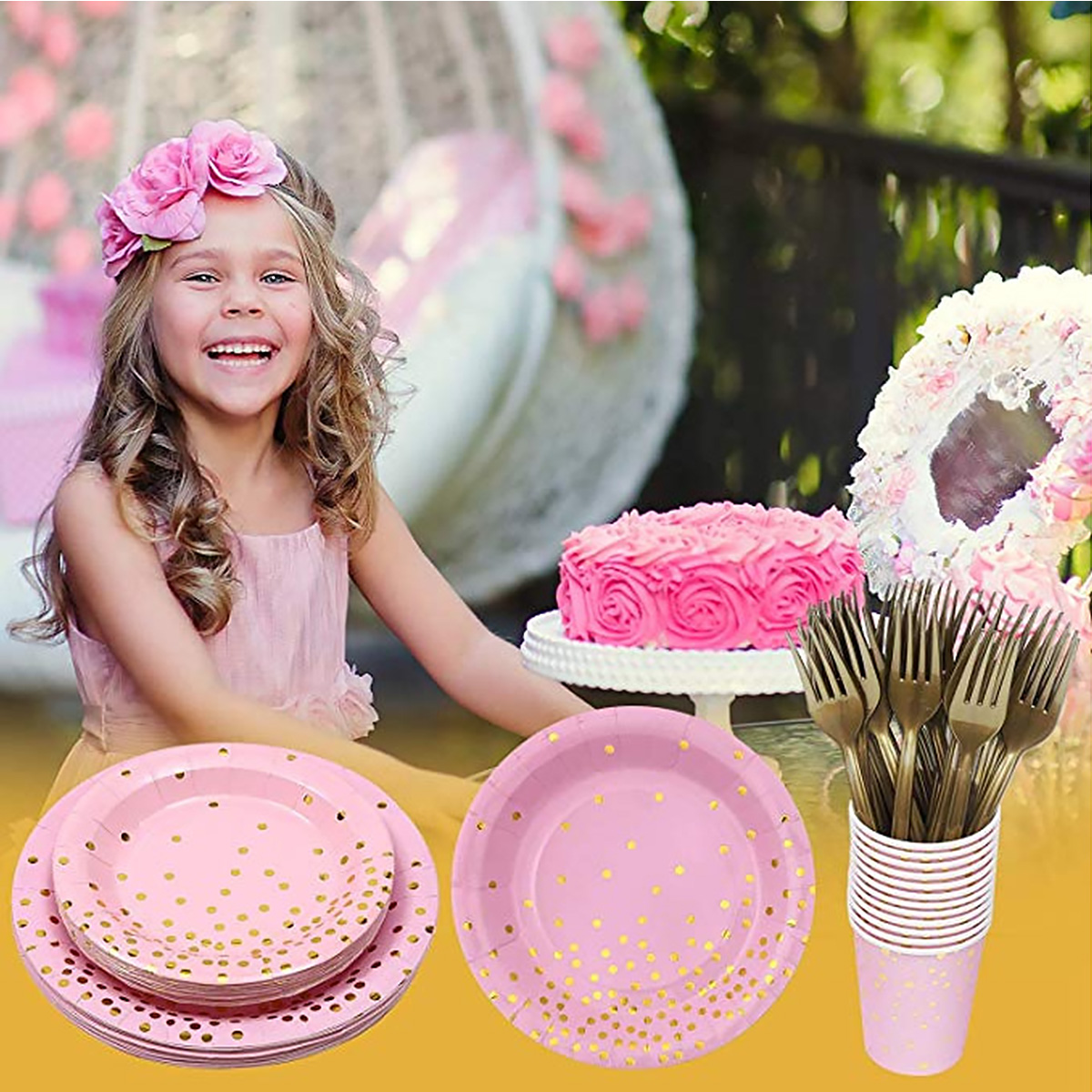 Pink and Gold Party Plates set, Gold Foil Dot Disposable Dinnerware, including Paper Plates, Napkins, Cups, Plastic Forks Knives and Spoons for Birthday, Wedding (10 sets X 7 items)